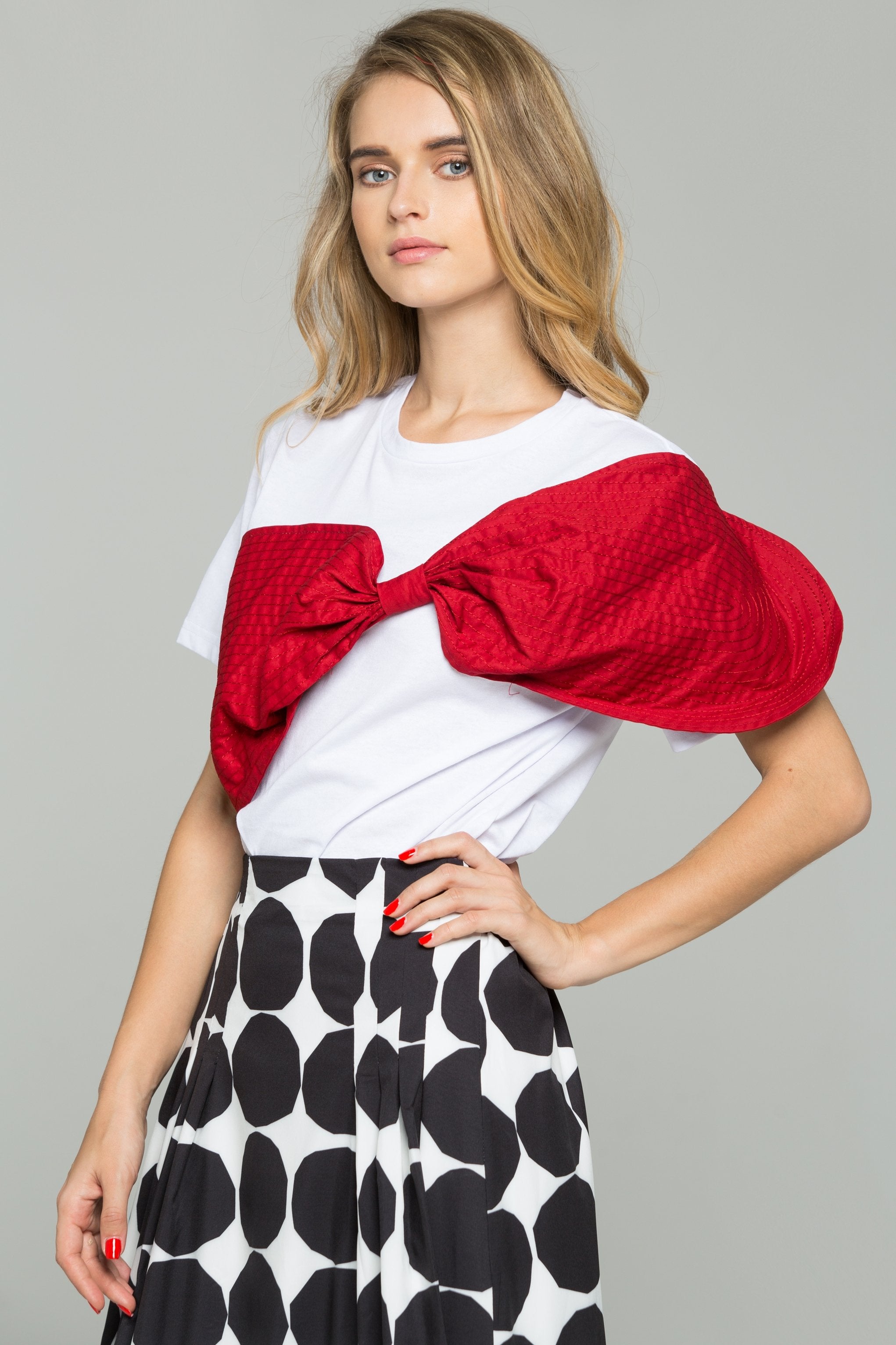 Red Crepe Textured Fabric Bow Over White T-Shirt