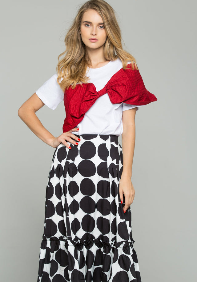 Red Crepe Textured Fabric Bow Over White T-Shirt
