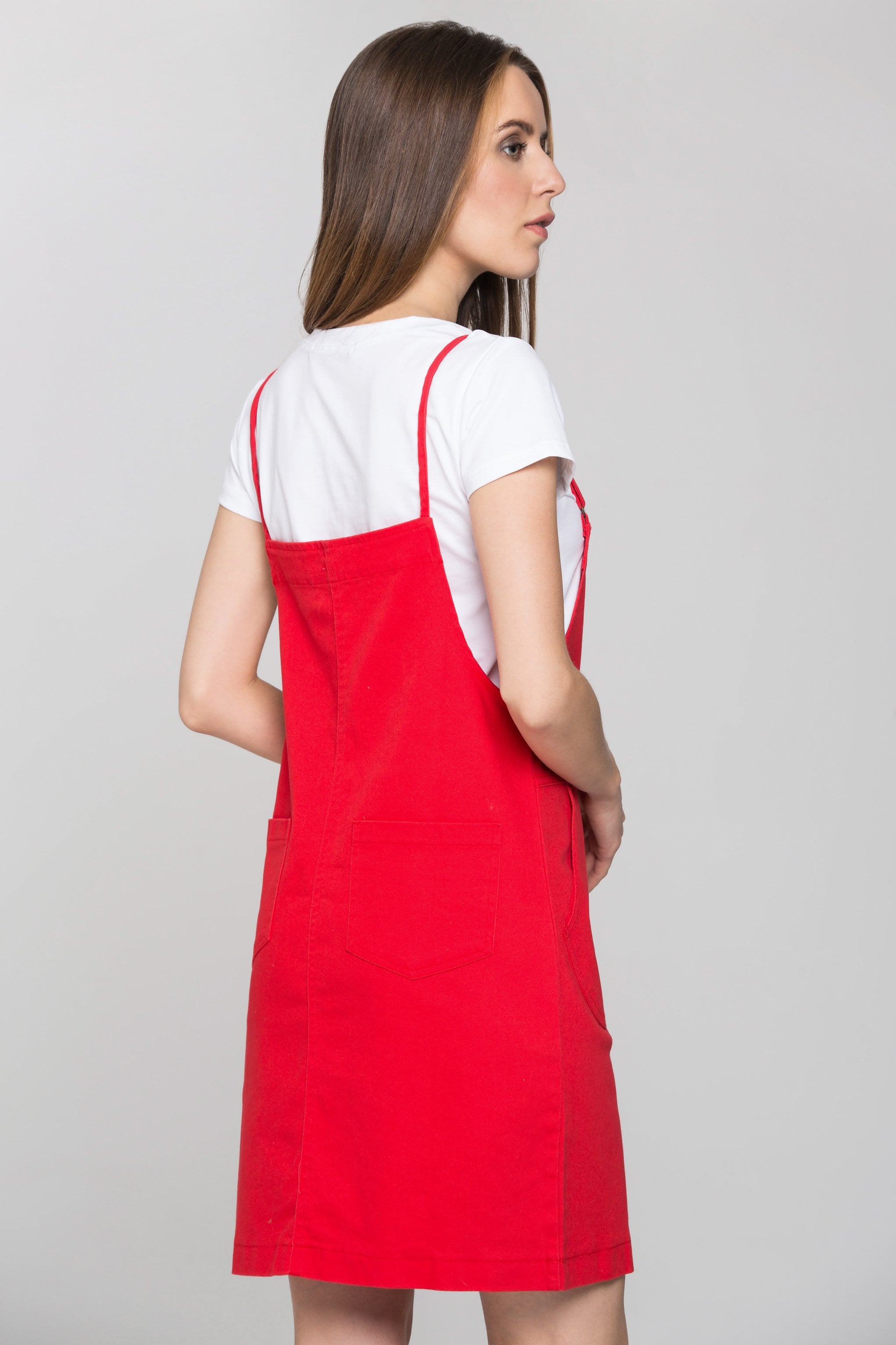 Red Denim White Shirt Pinafore Dress Set