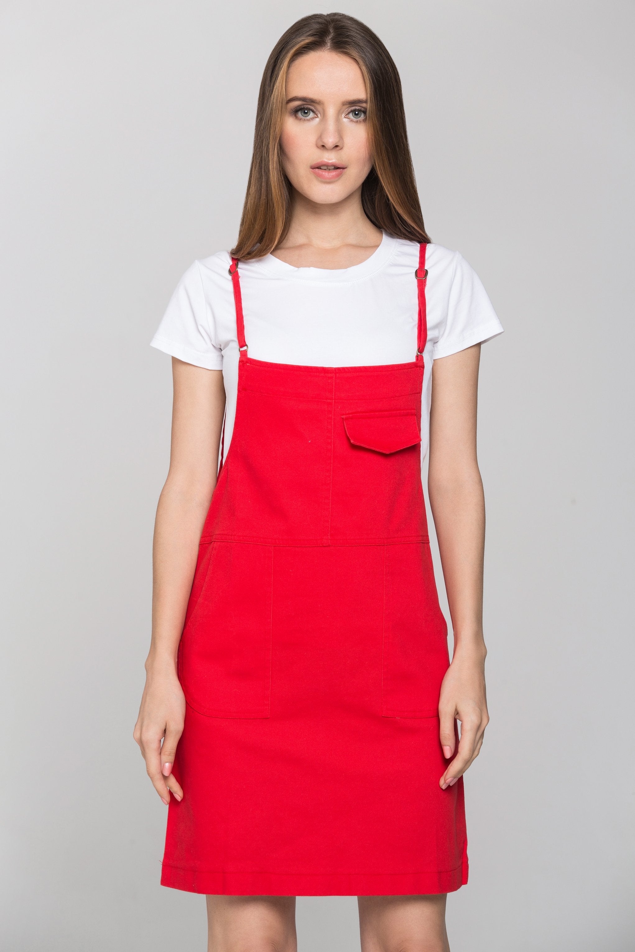 Red Denim White Shirt Pinafore Dress Set