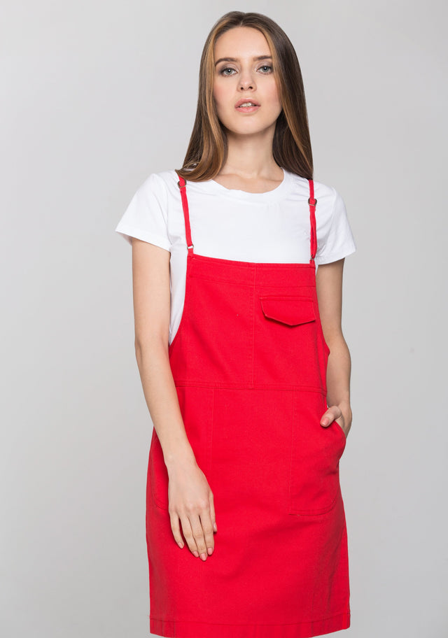 Red Denim White Shirt Pinafore Dress Set