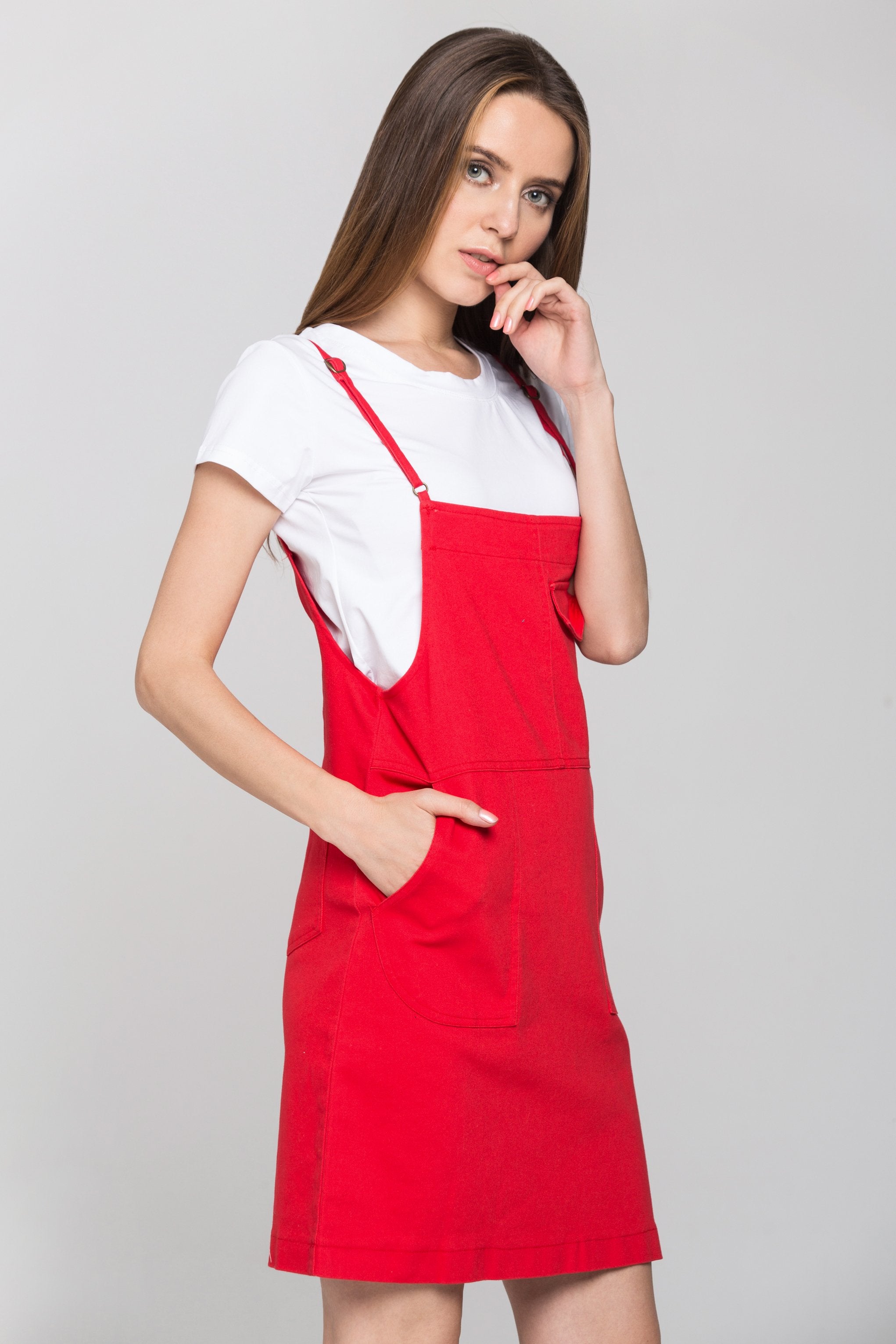 Red Denim White Shirt Pinafore Dress Set