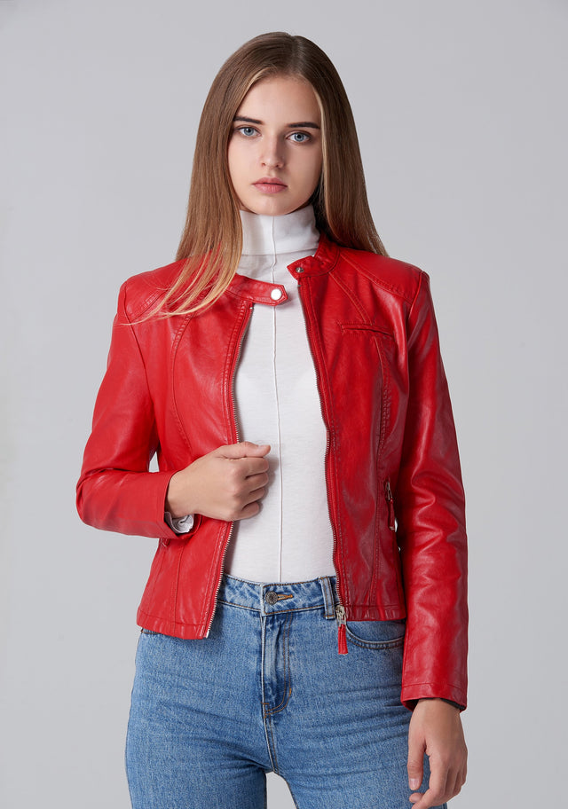 Red Faux Leather Biker Jacket