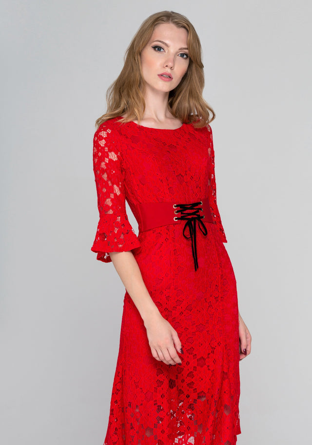 Red Lace Overlay Dress with Corset Waist and Trumpet Sleeves