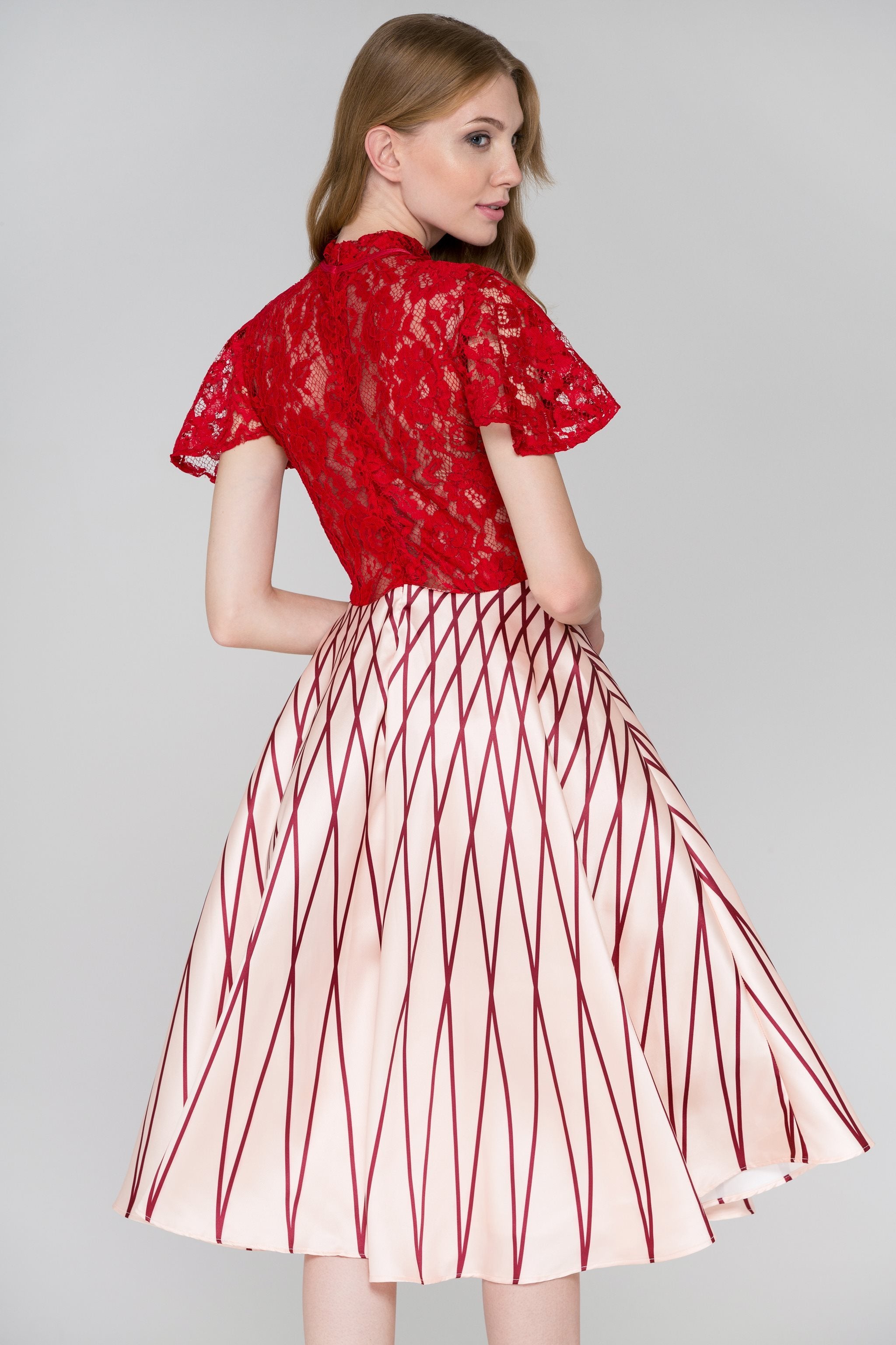 Red Lace Peach Skirt Midi Ball Gown Dress