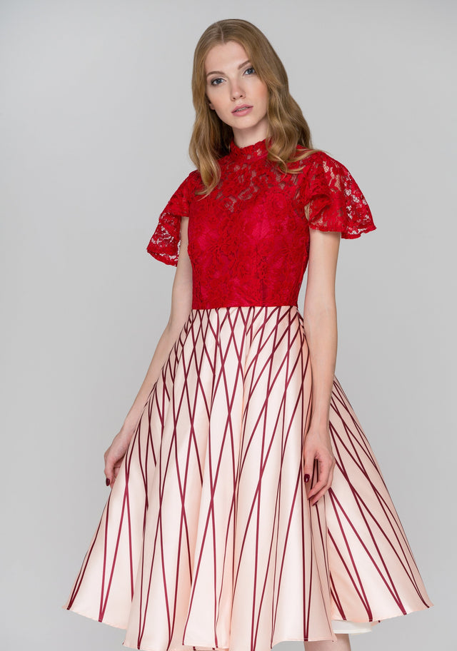 Red Lace Peach Skirt Midi Ball Gown Dress