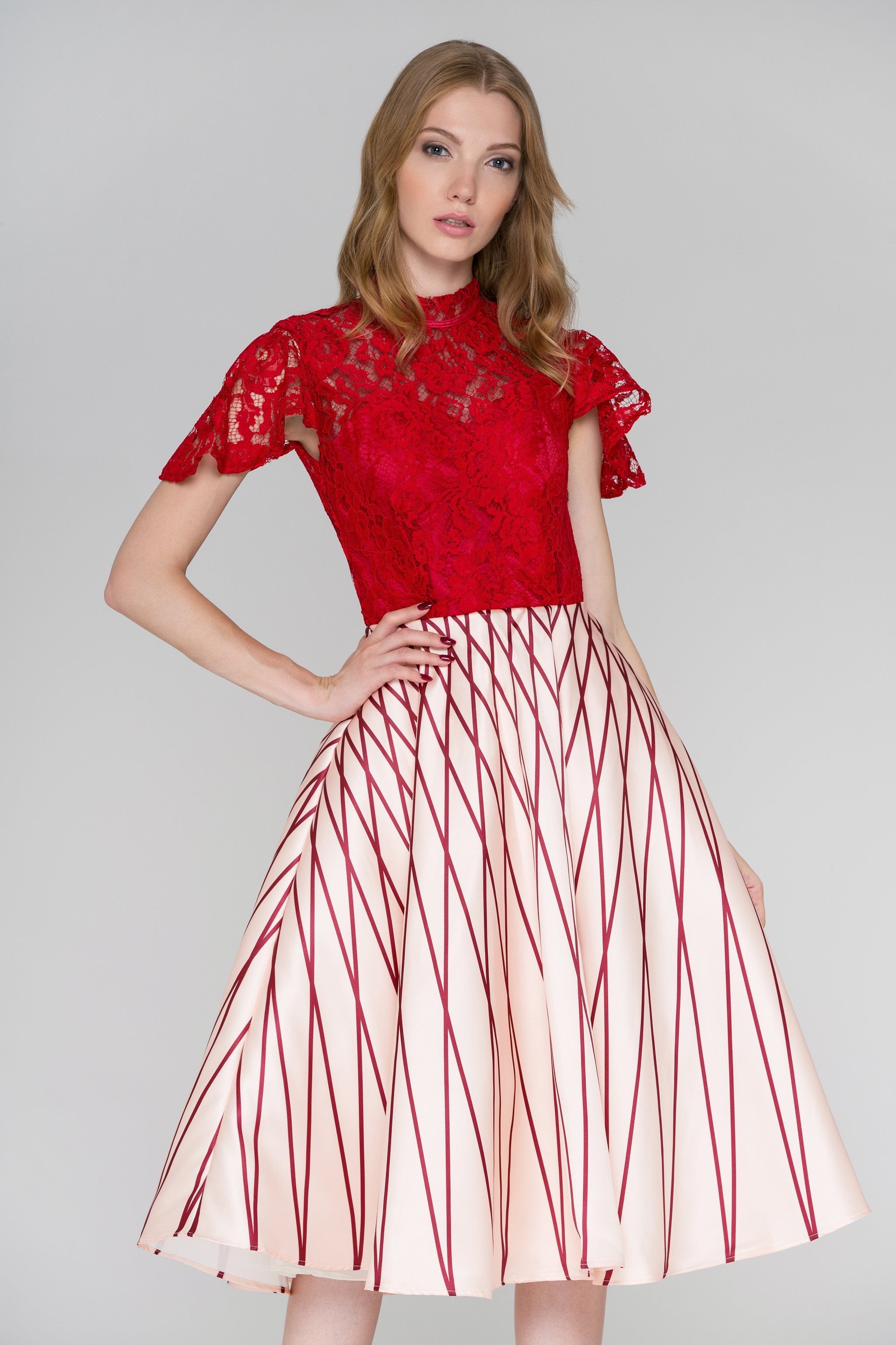 Red Lace Peach Skirt Midi Ball Gown Dress