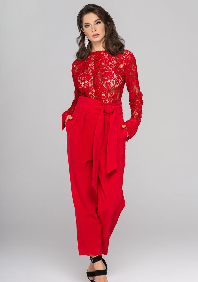 Rania Fawaz - Red Lace Sleeved Jumpsuit