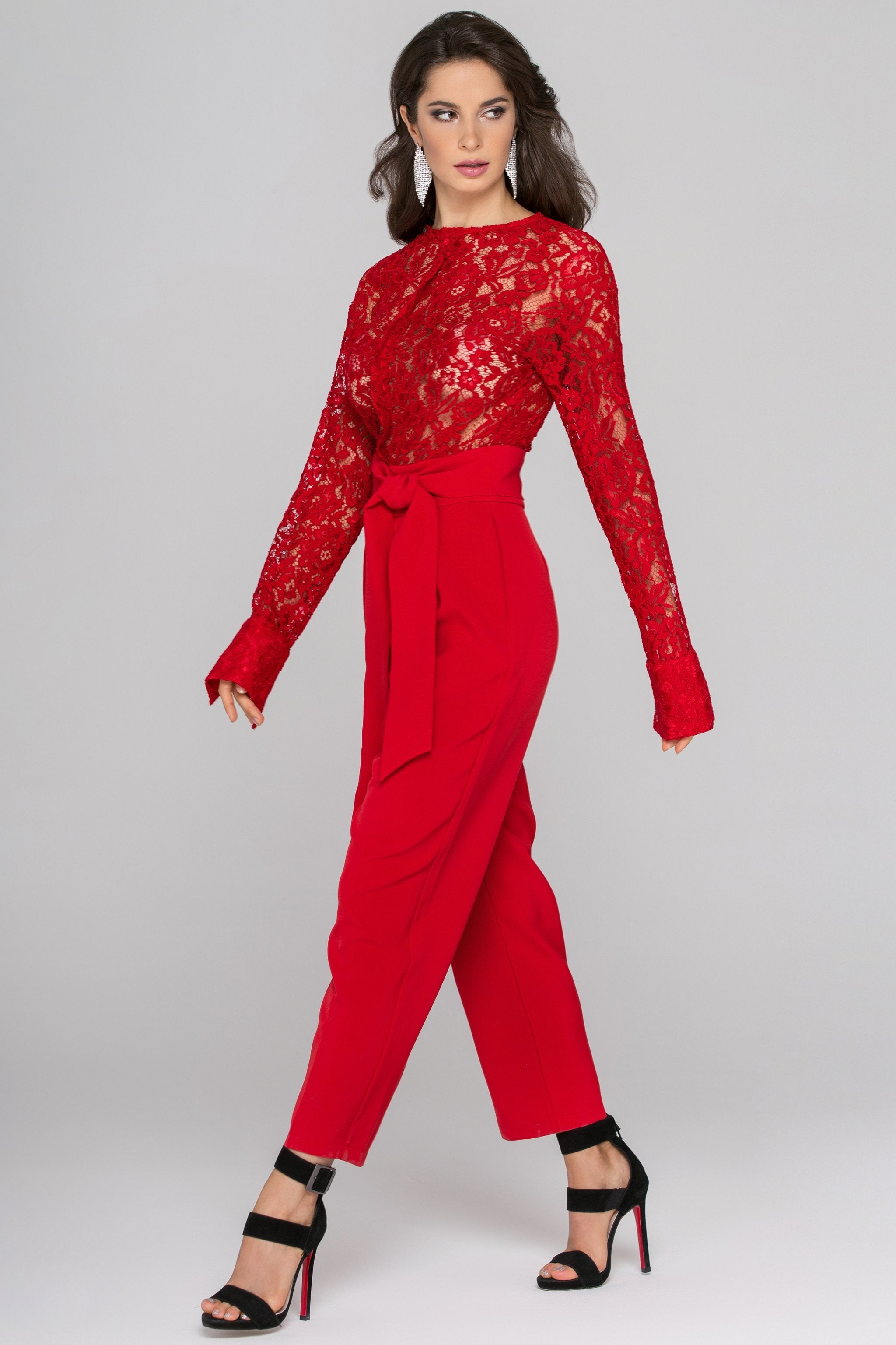 Rania Fawaz - Red Lace Sleeved Jumpsuit