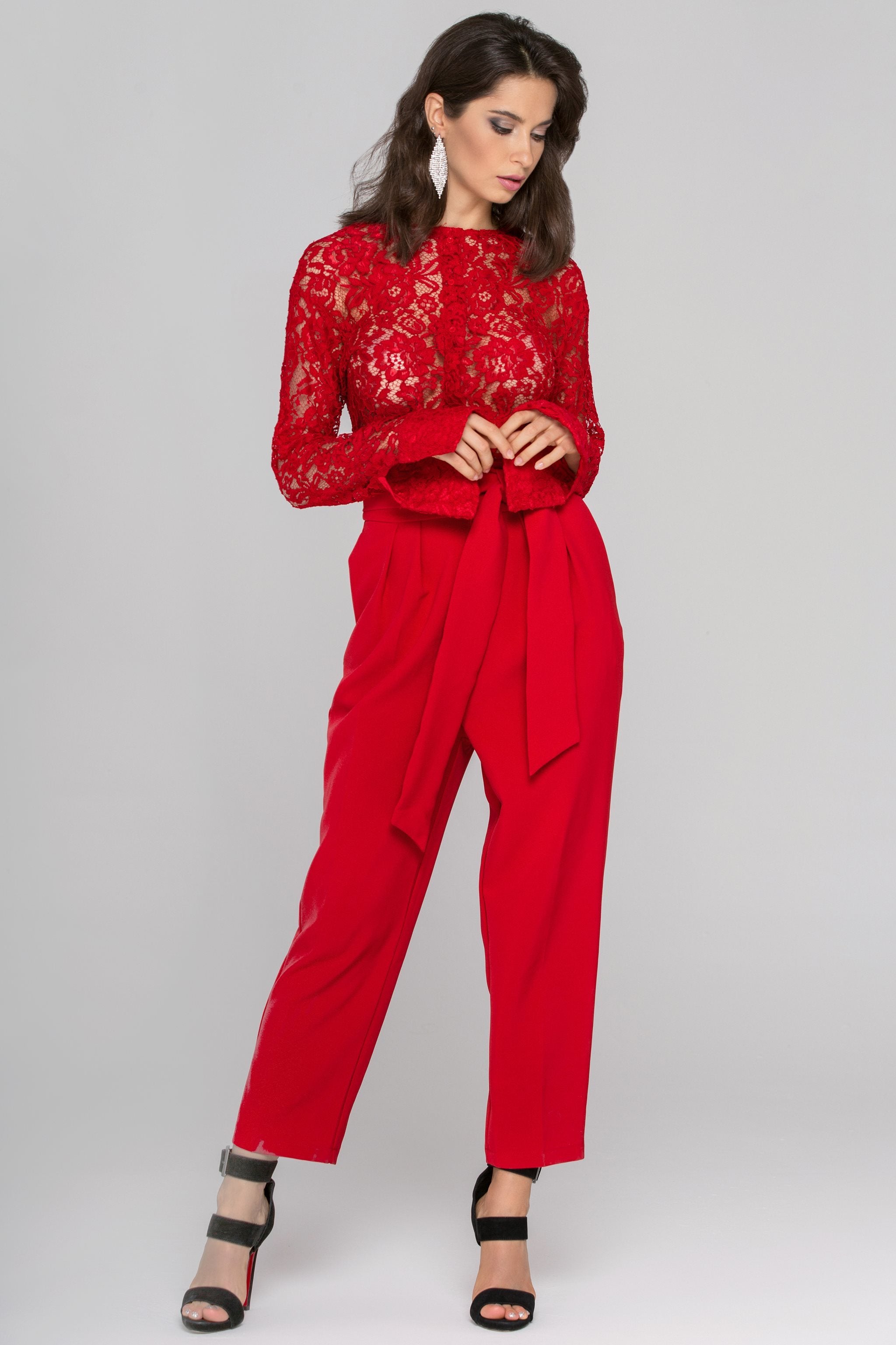 Rania Fawaz - Red Lace Sleeved Jumpsuit