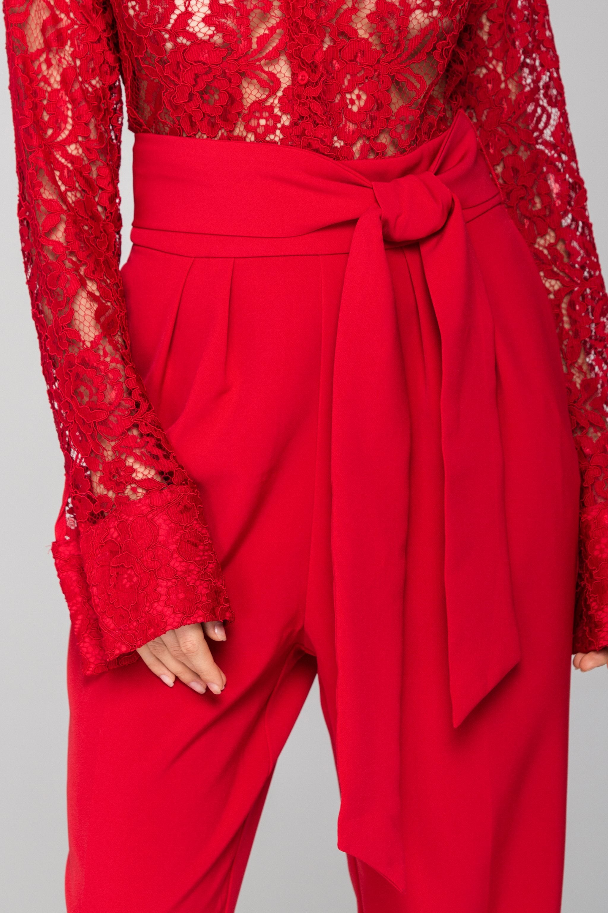 Rania Fawaz - Red Lace Sleeved Jumpsuit
