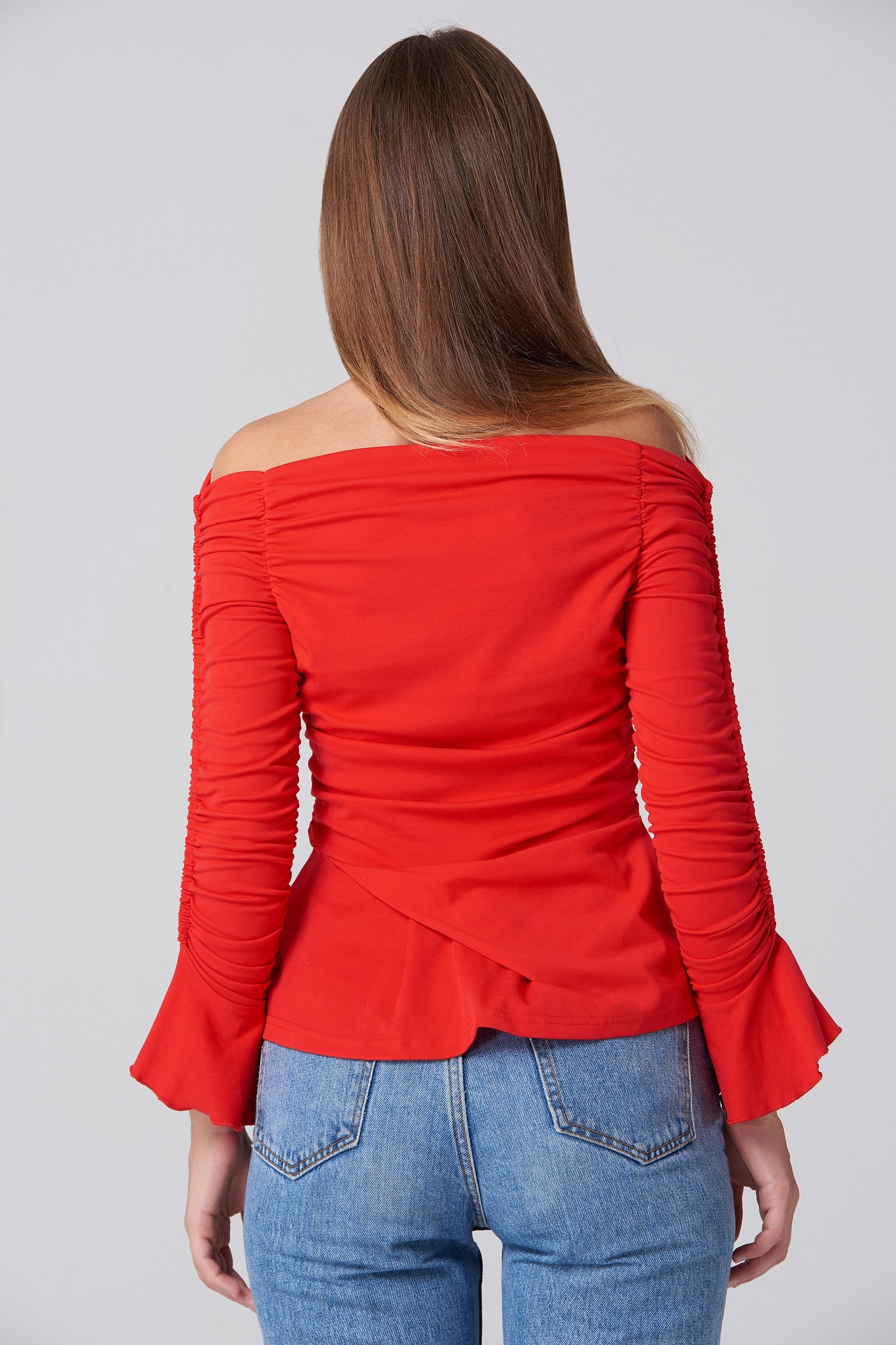 Red Off the Shoulder Gathered Sleeve Peplum Top