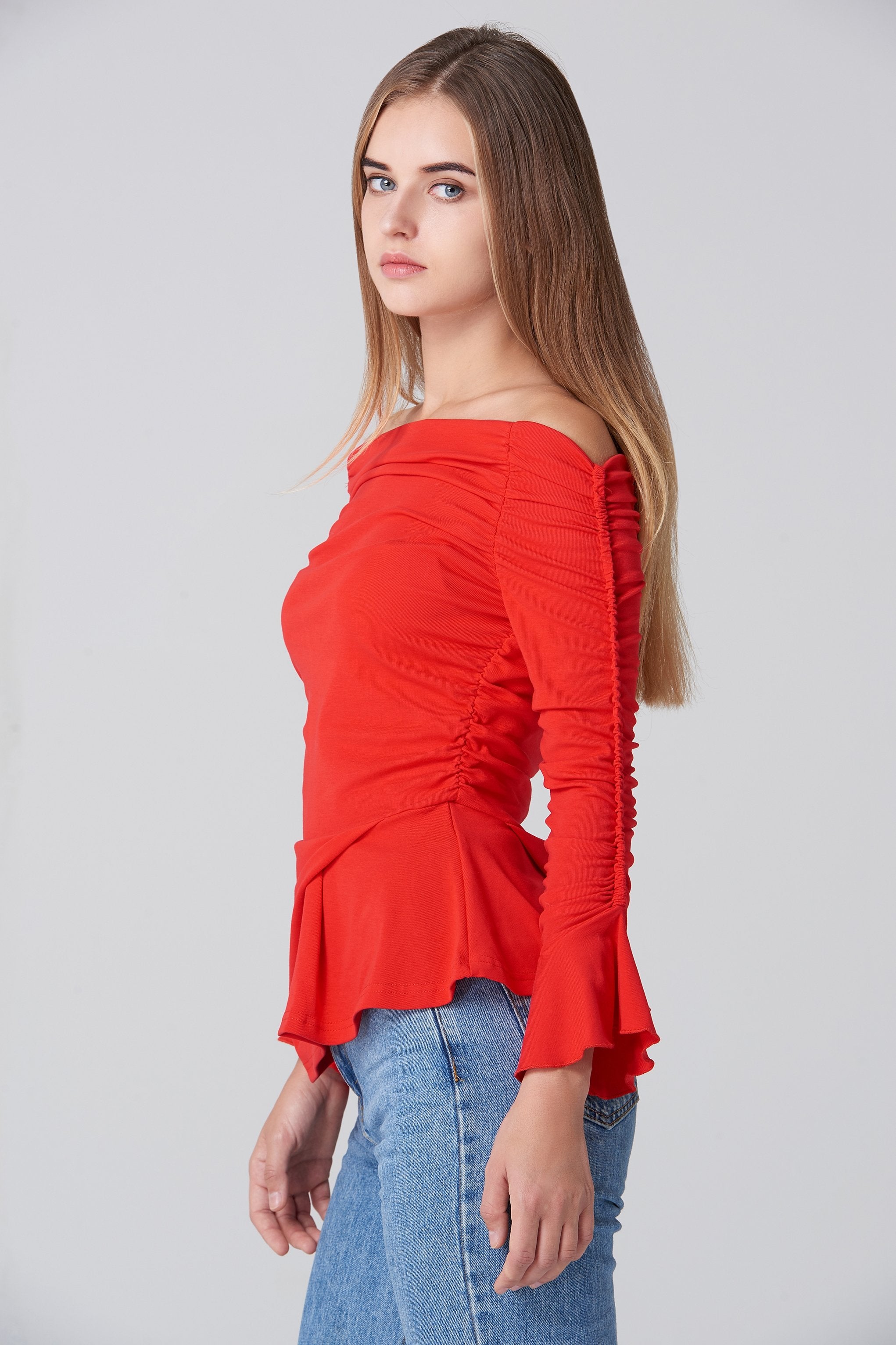 Red Off the Shoulder Gathered Sleeve Peplum Top