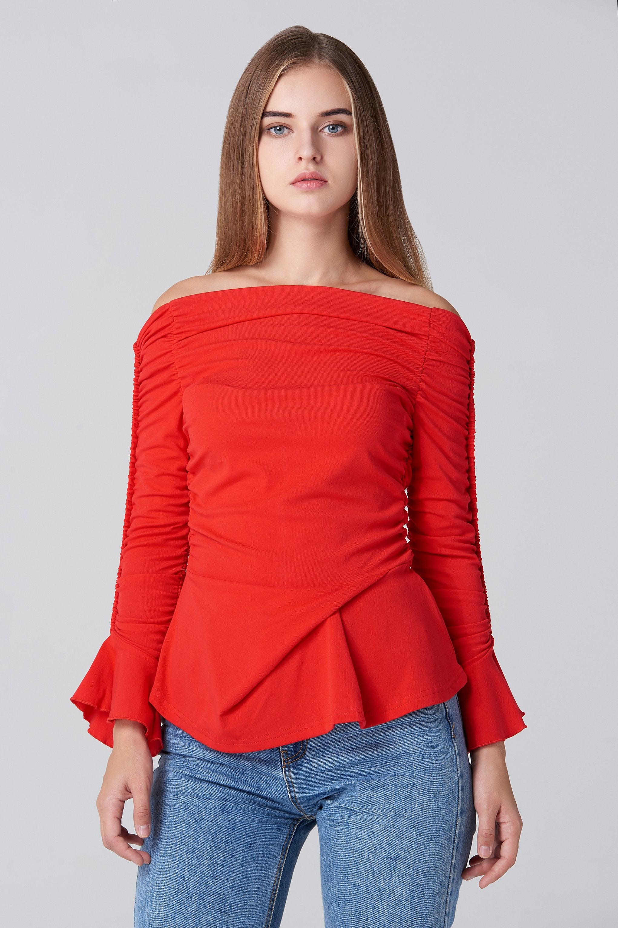 Red Off the Shoulder Gathered Sleeve Peplum Top