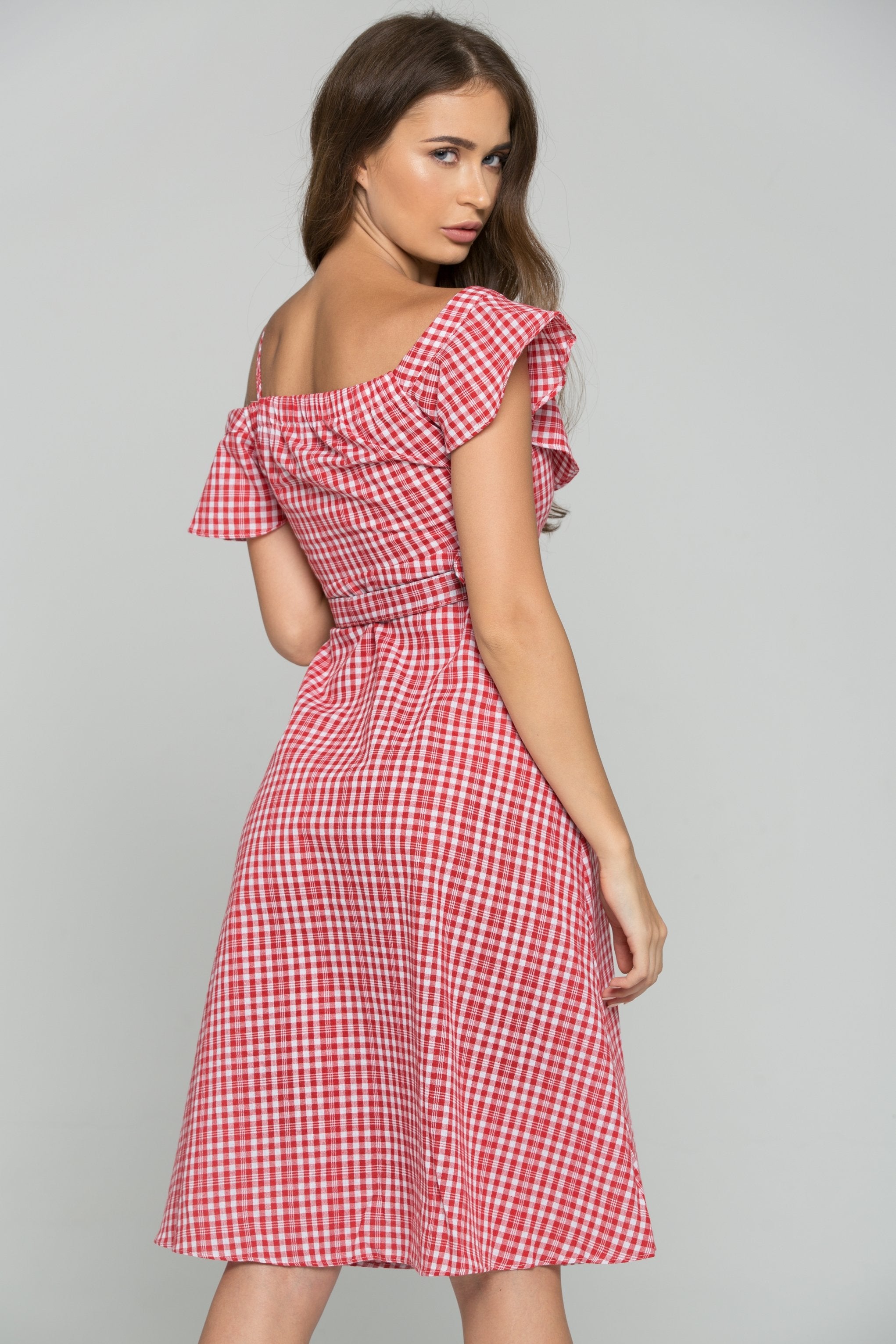 Red Plaid Bardot Side Button Midi Dress