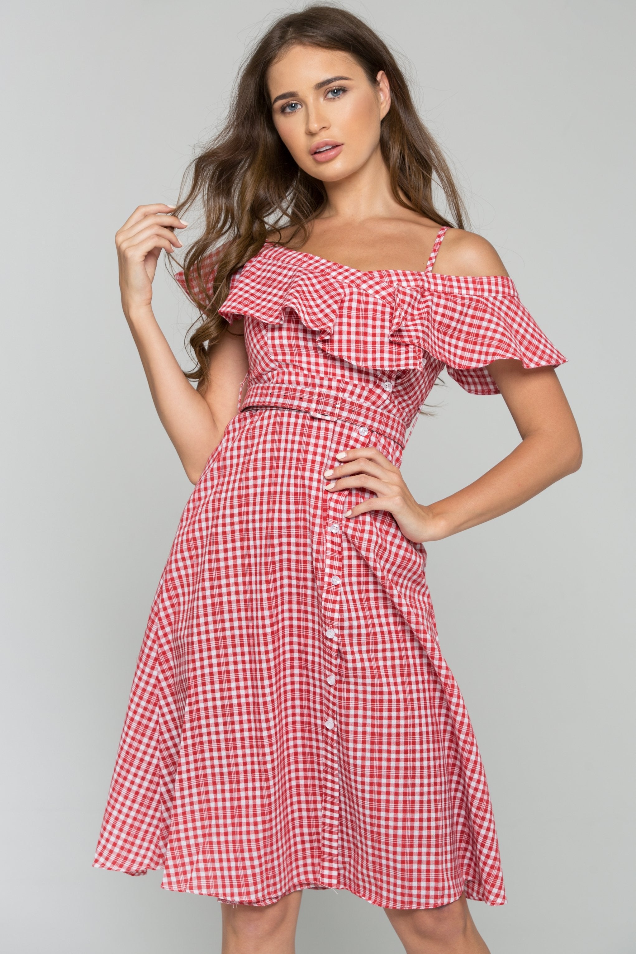 Red Plaid Bardot Side Button Midi Dress