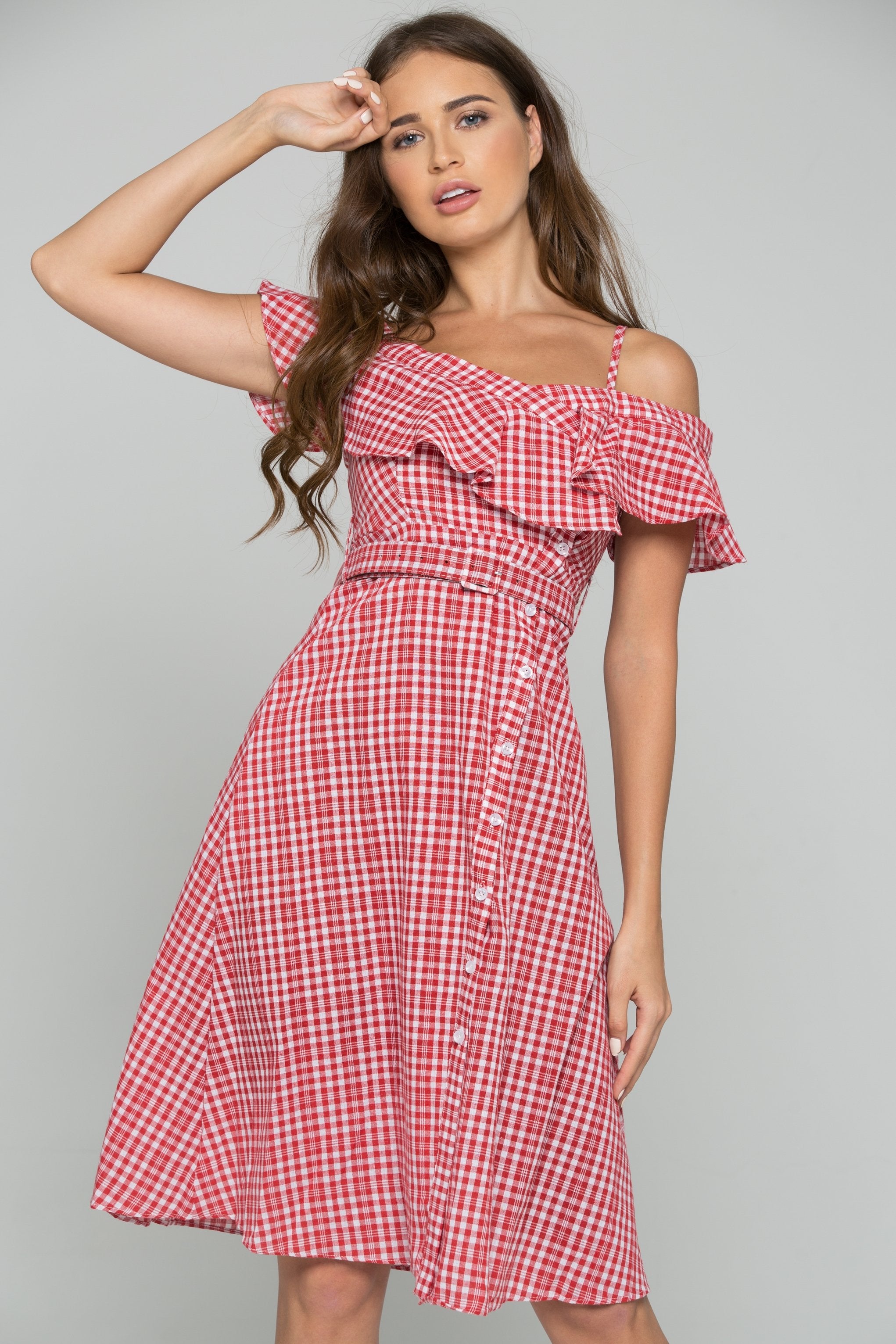 Red Plaid Bardot Side Button Midi Dress