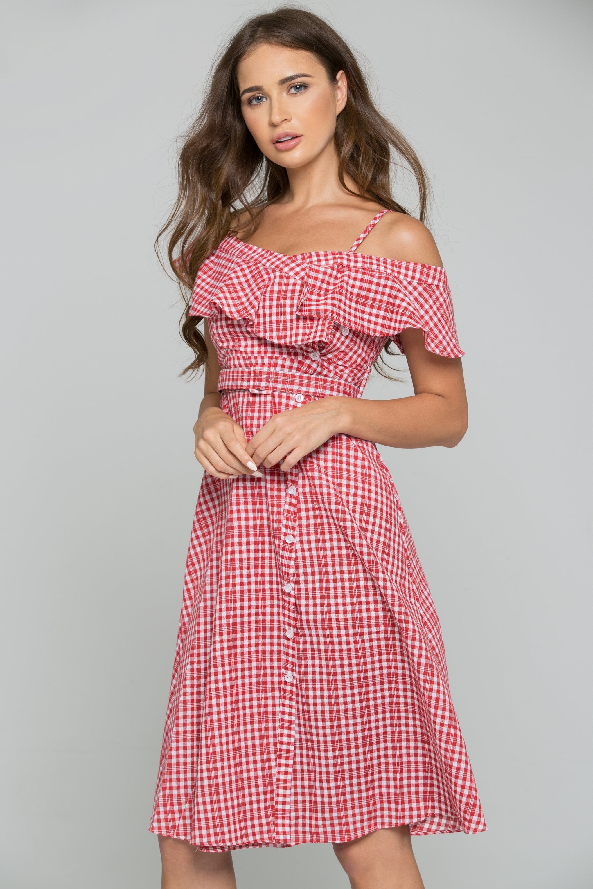 Red Plaid Bardot Side Button Midi Dress