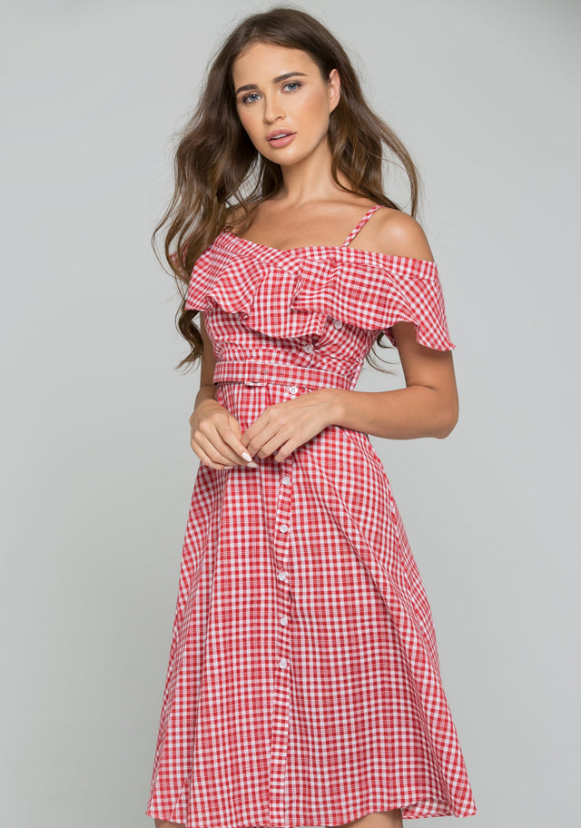 Red Plaid Bardot Side Button Midi Dress
