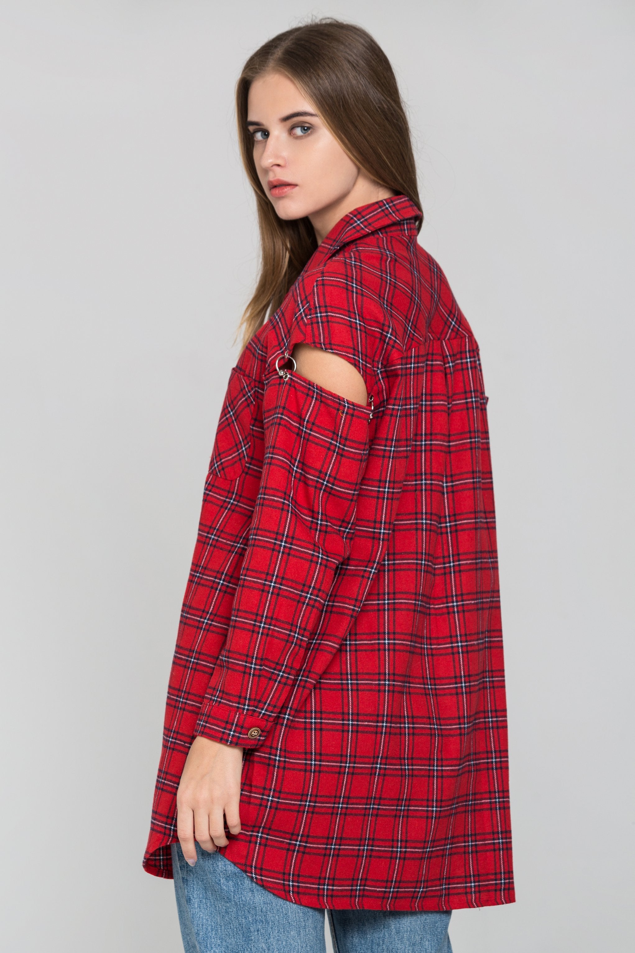 Red Plaid Cold Shoulder Button Up Top