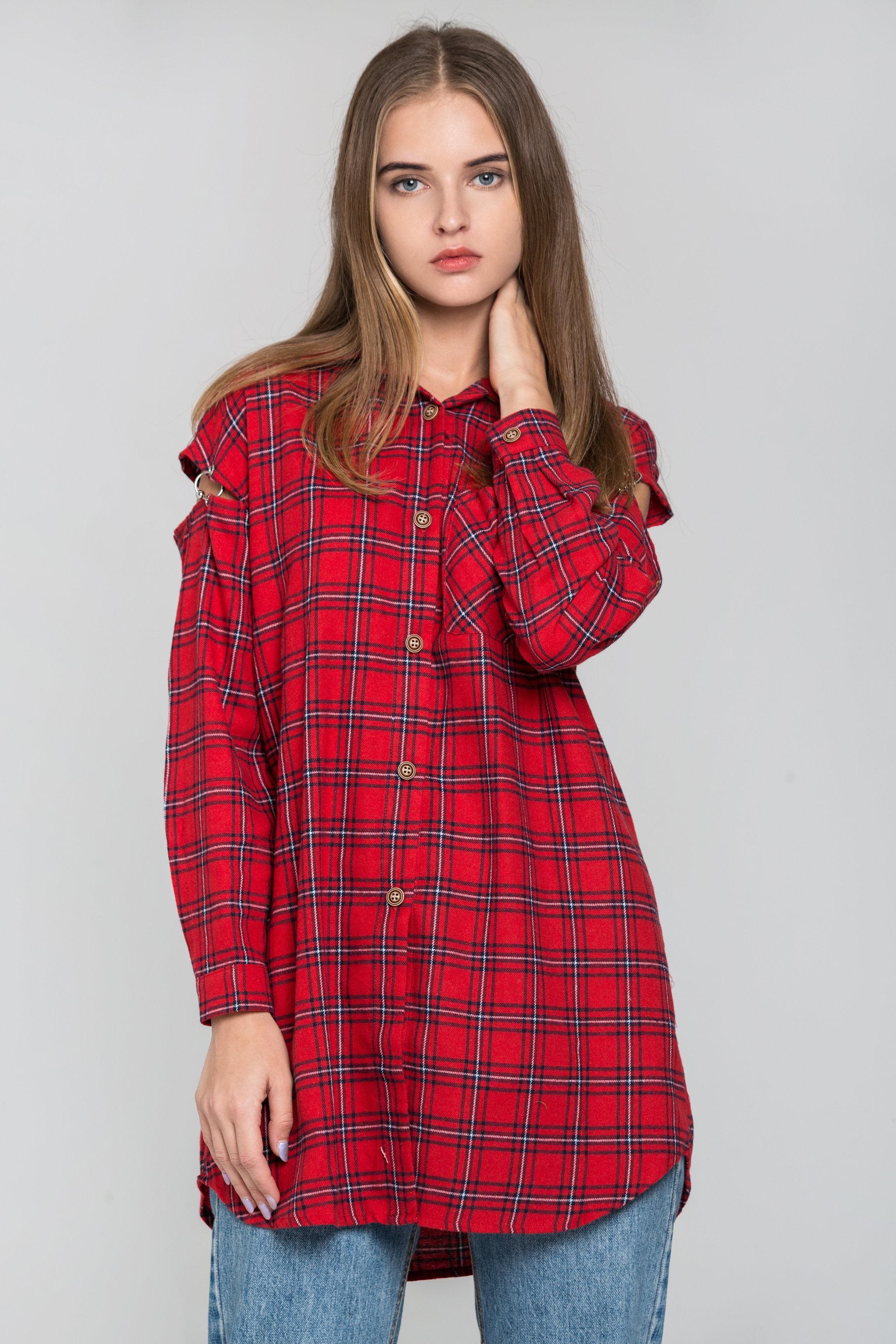 Red Plaid Cold Shoulder Button Up Top