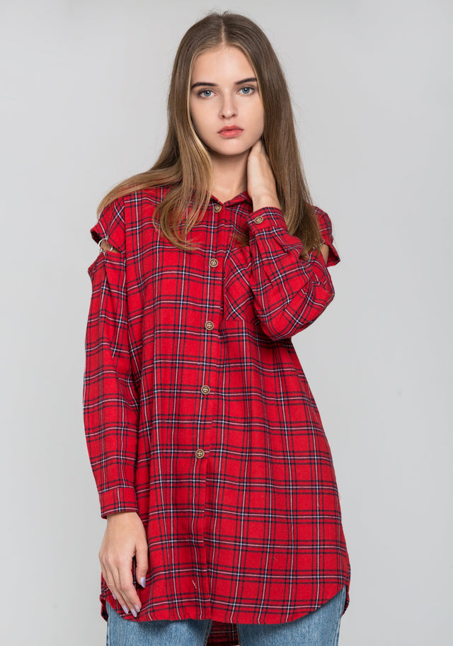 Red Plaid Cold Shoulder Button Up Top
