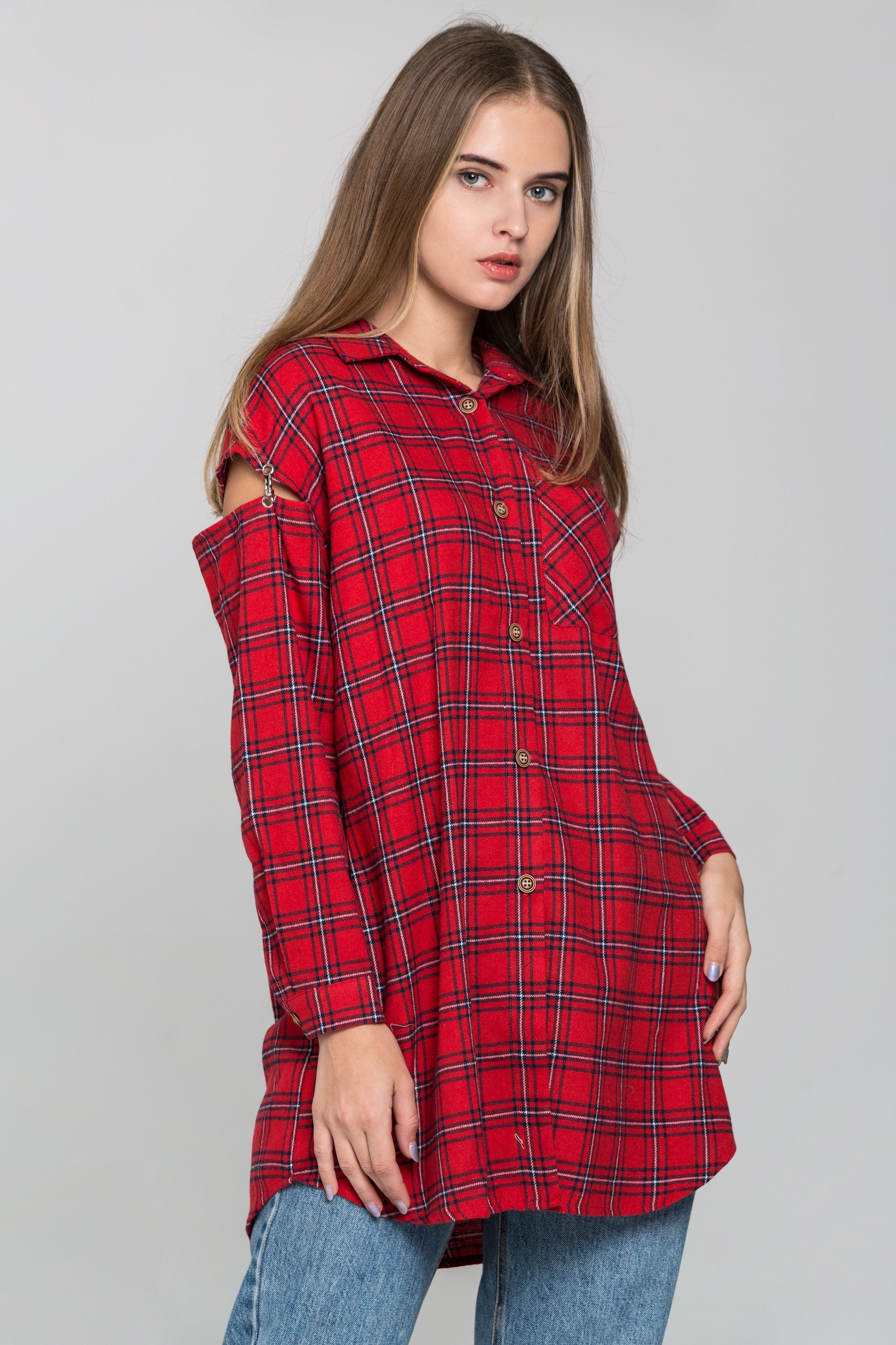 Red Plaid Cold Shoulder Button Up Top