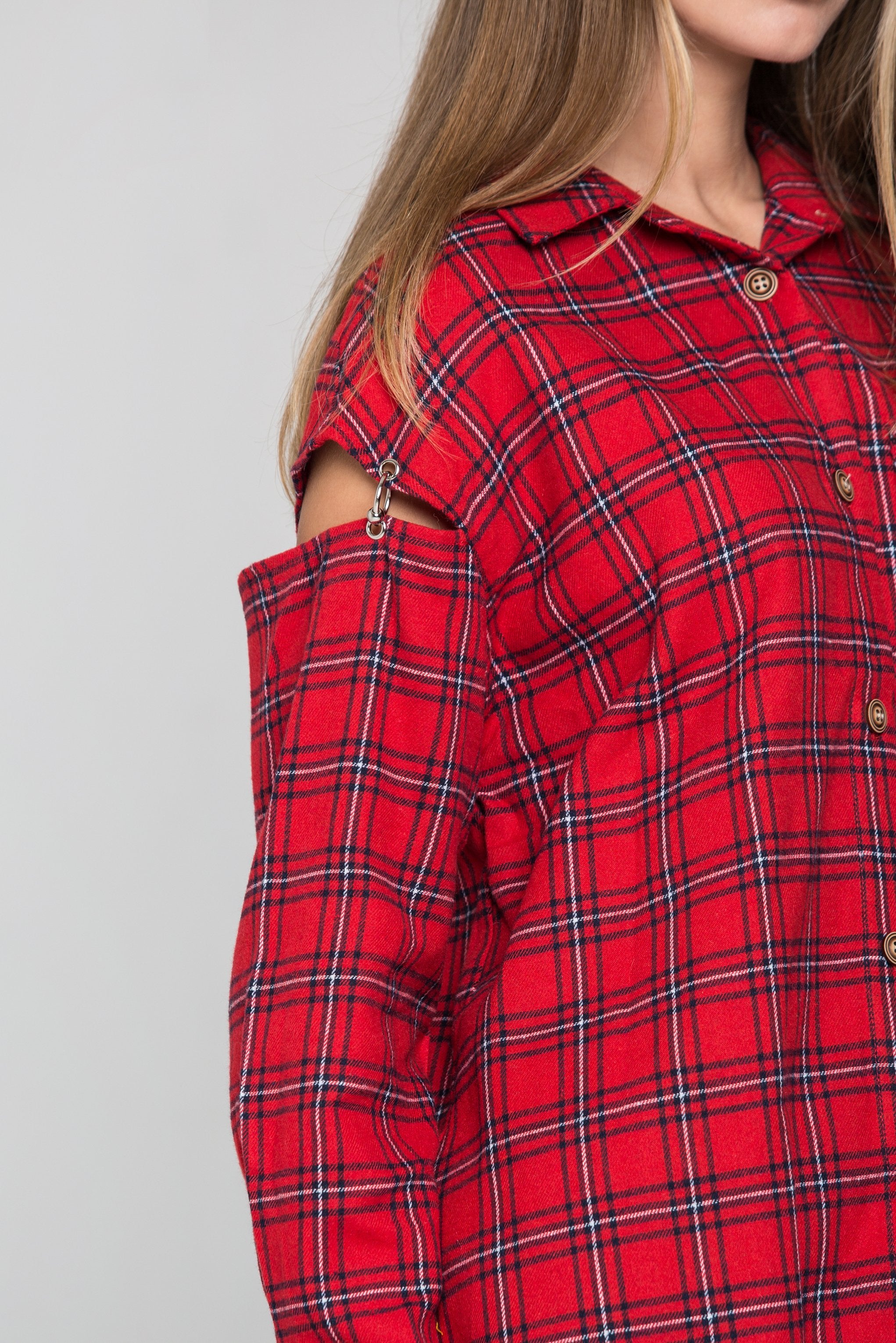 Red Plaid Cold Shoulder Button Up Top