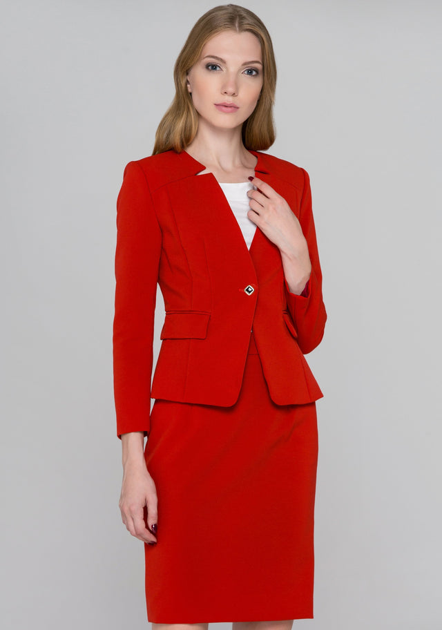 Red Reverse Notched collar Blazer and Skirt Set