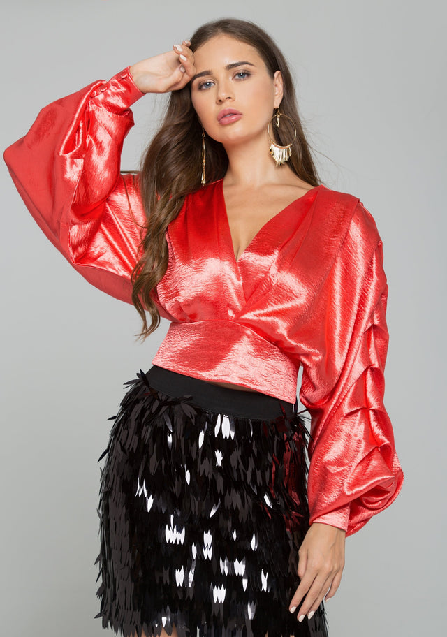 Red Satin Pleated Long Sleeves Top
