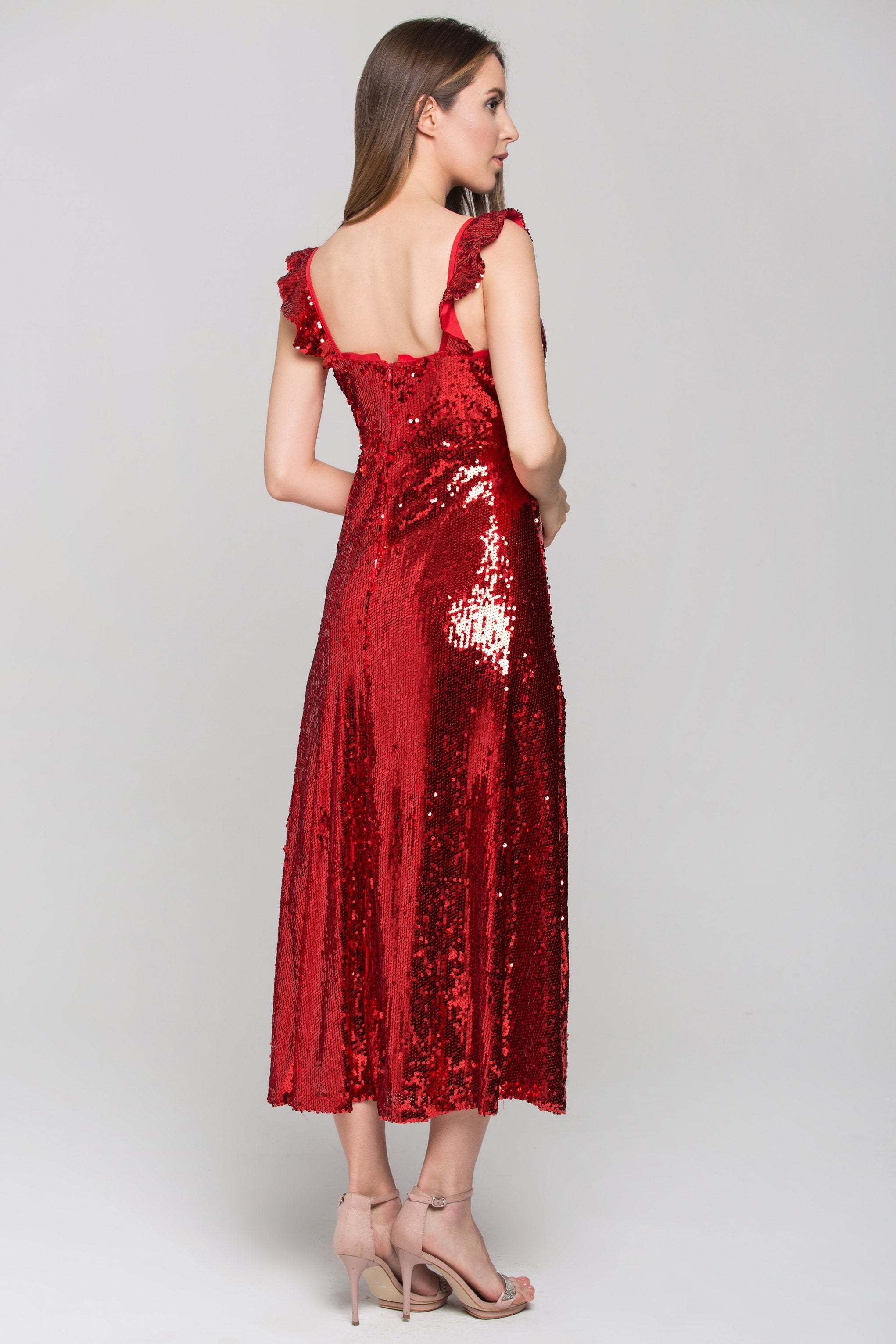 Red Sequined Ruffle Starp Evening Dress