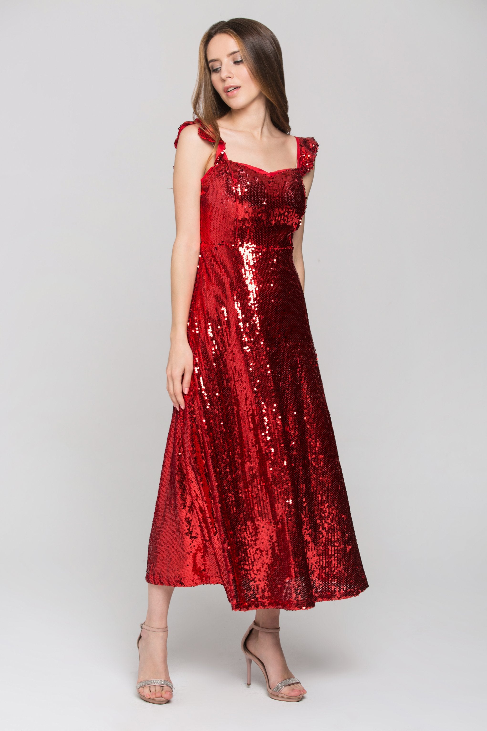Red Sequined Ruffle Starp Evening Dress