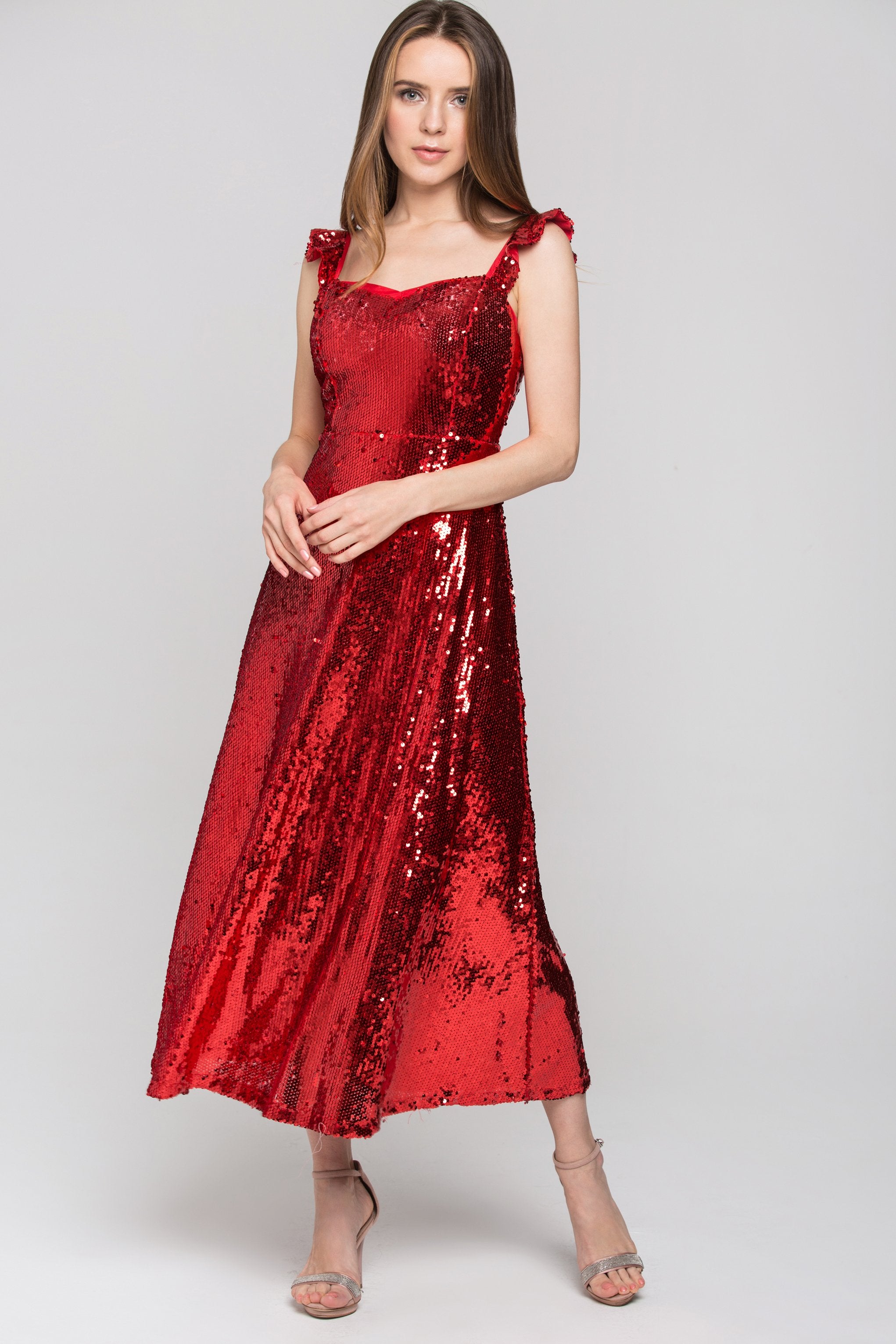 Red Sequined Ruffle Starp Evening Dress