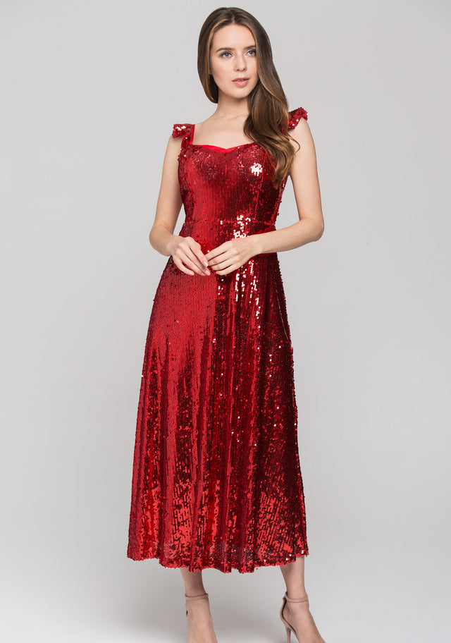Red Sequined Ruffle Starp Evening Dress