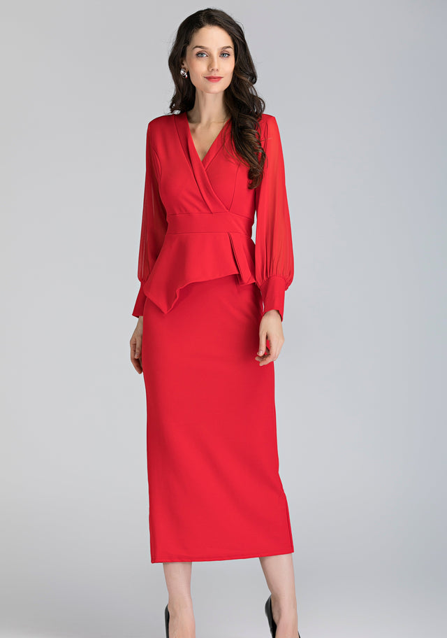 Red Sheer Sleeved Wrap Peplum Maxi Dress