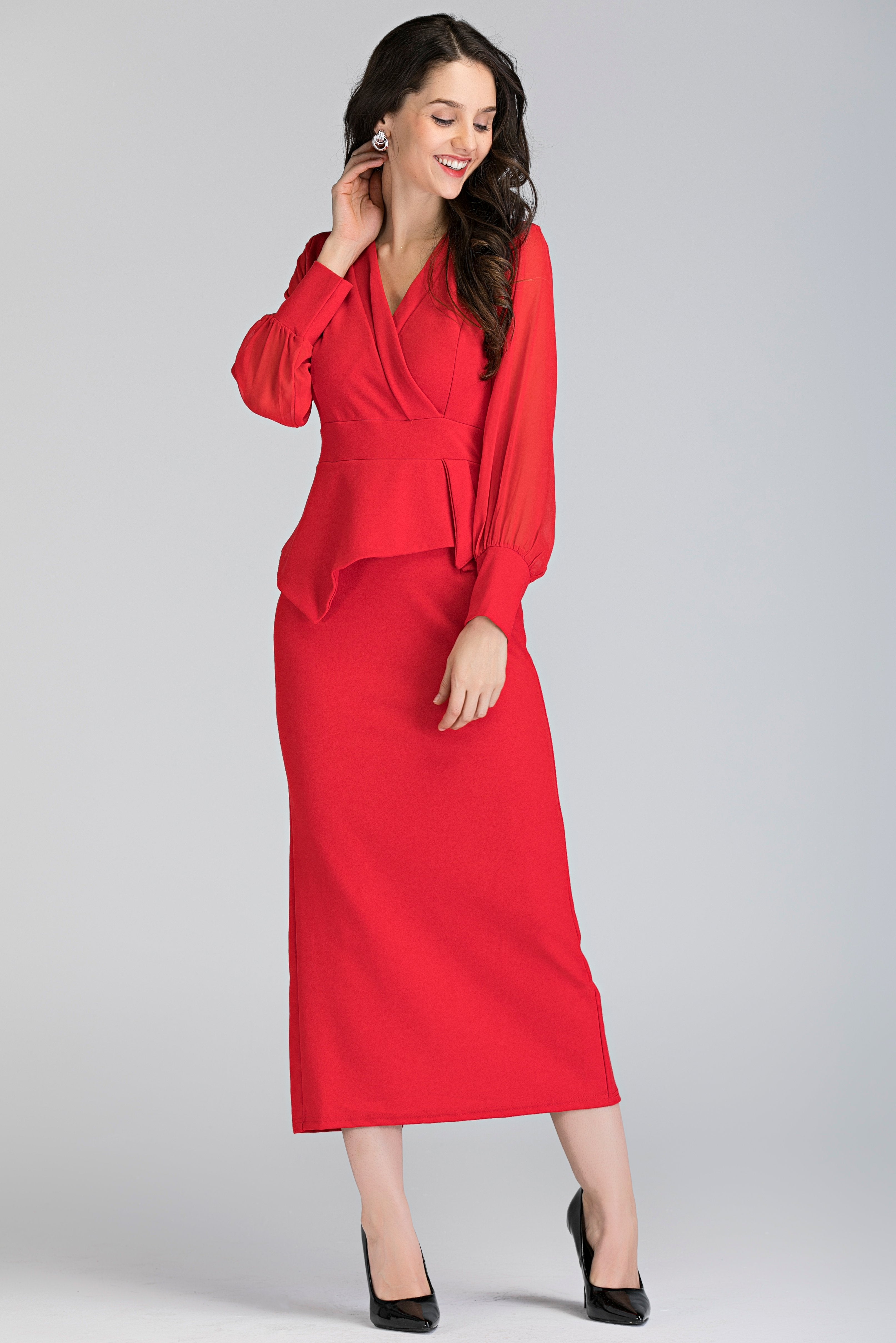 Red Sheer Sleeved Wrap Peplum Maxi Dress