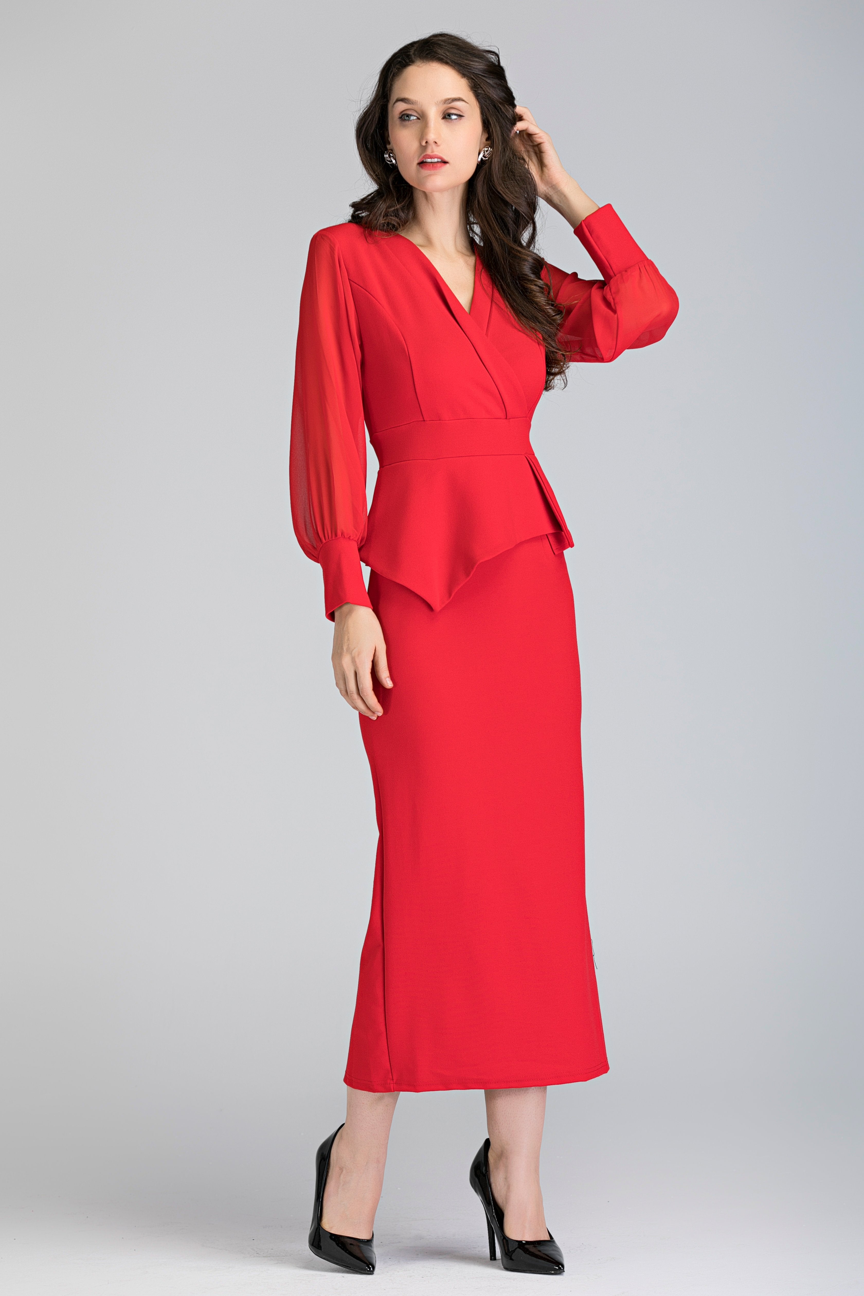 Red Sheer Sleeved Wrap Peplum Maxi Dress