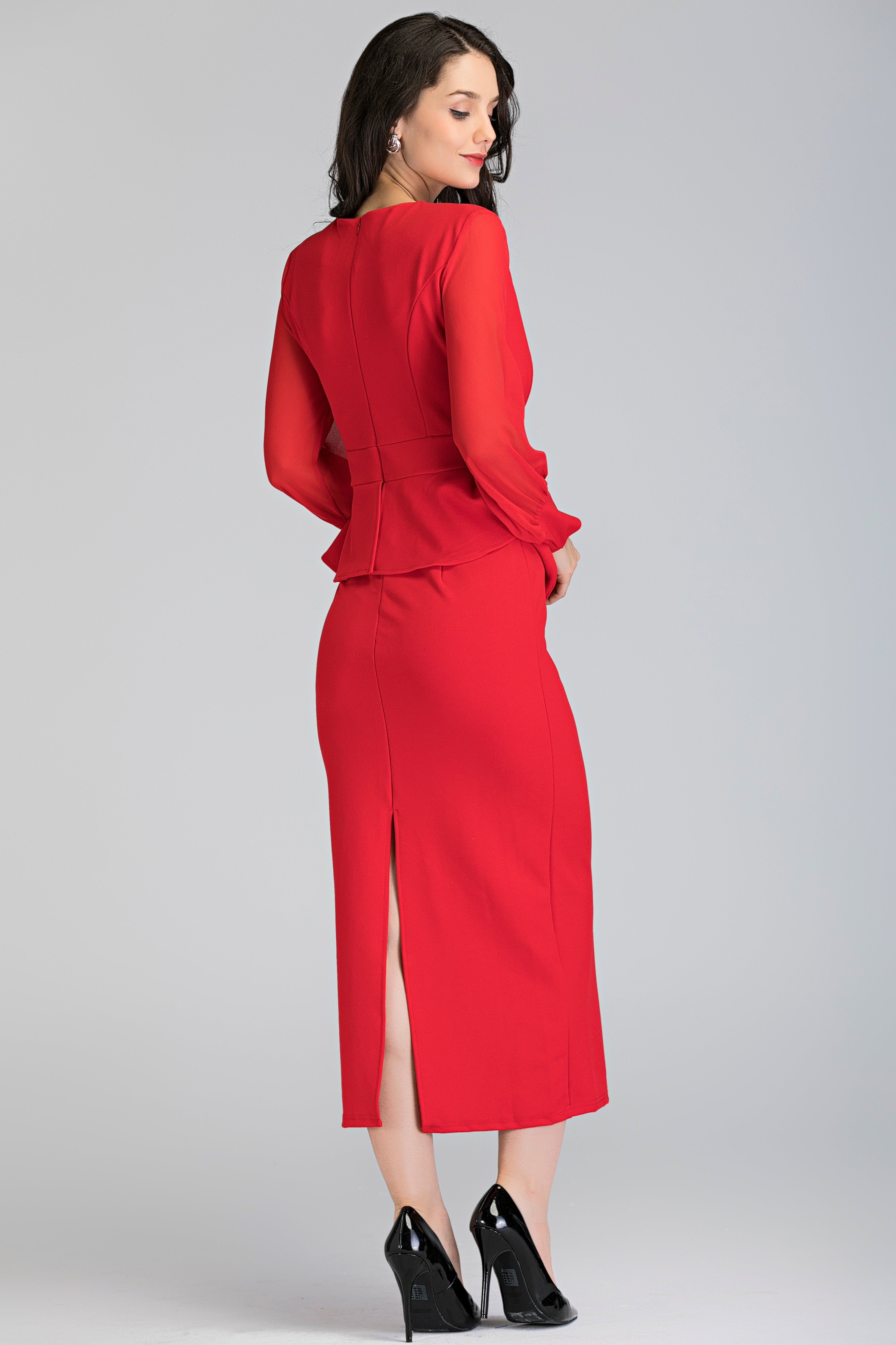 Red Sheer Sleeved Wrap Peplum Maxi Dress