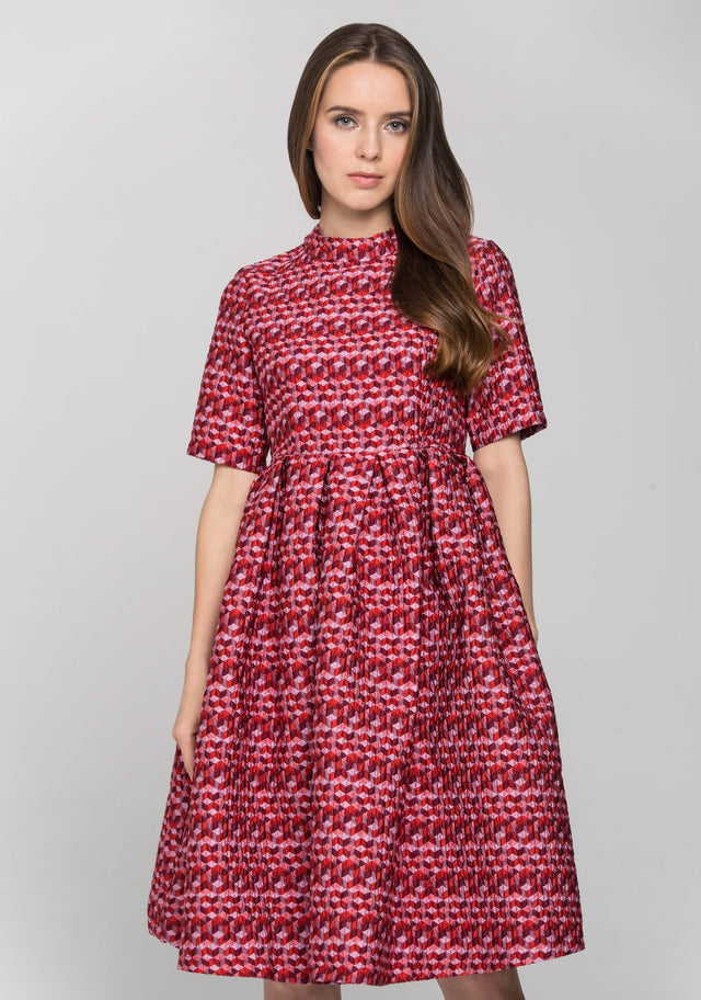 Red Sleeved Cube Print Midi Dress