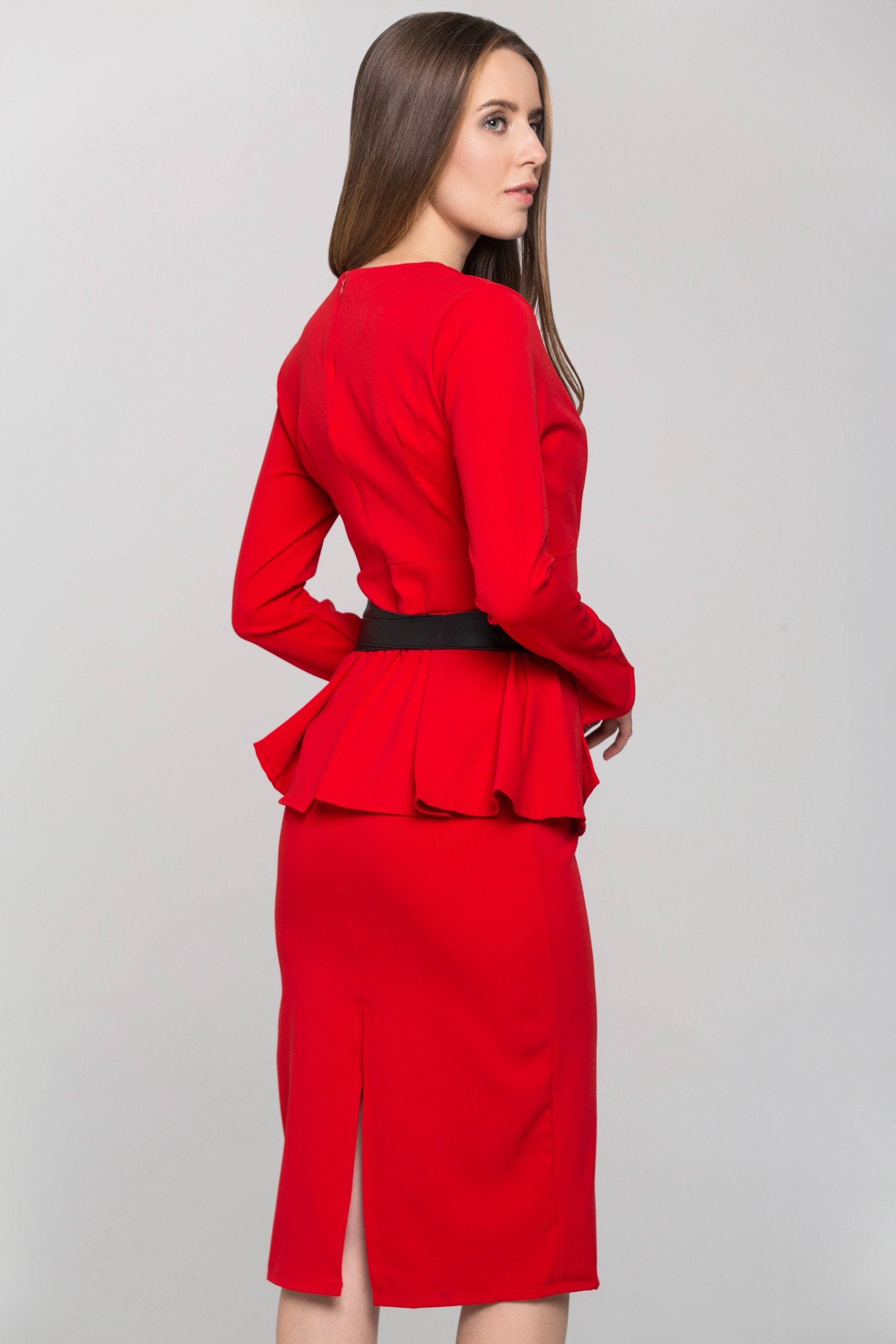 RedSleeved and Black Sash Waist Midi Dress
