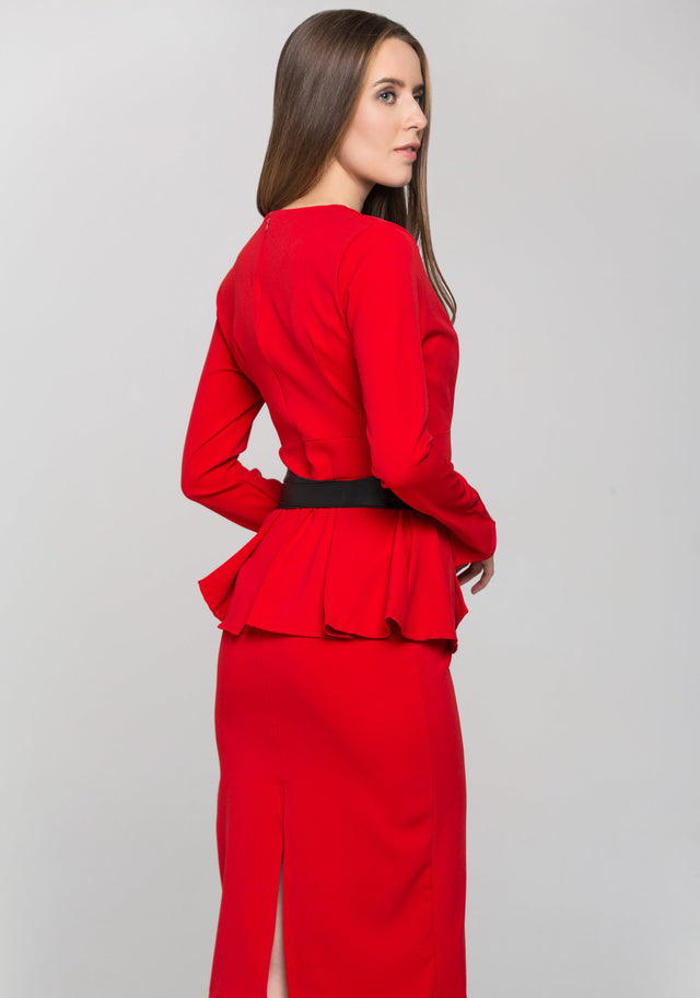 RedSleeved and Black Sash Waist Midi Dress