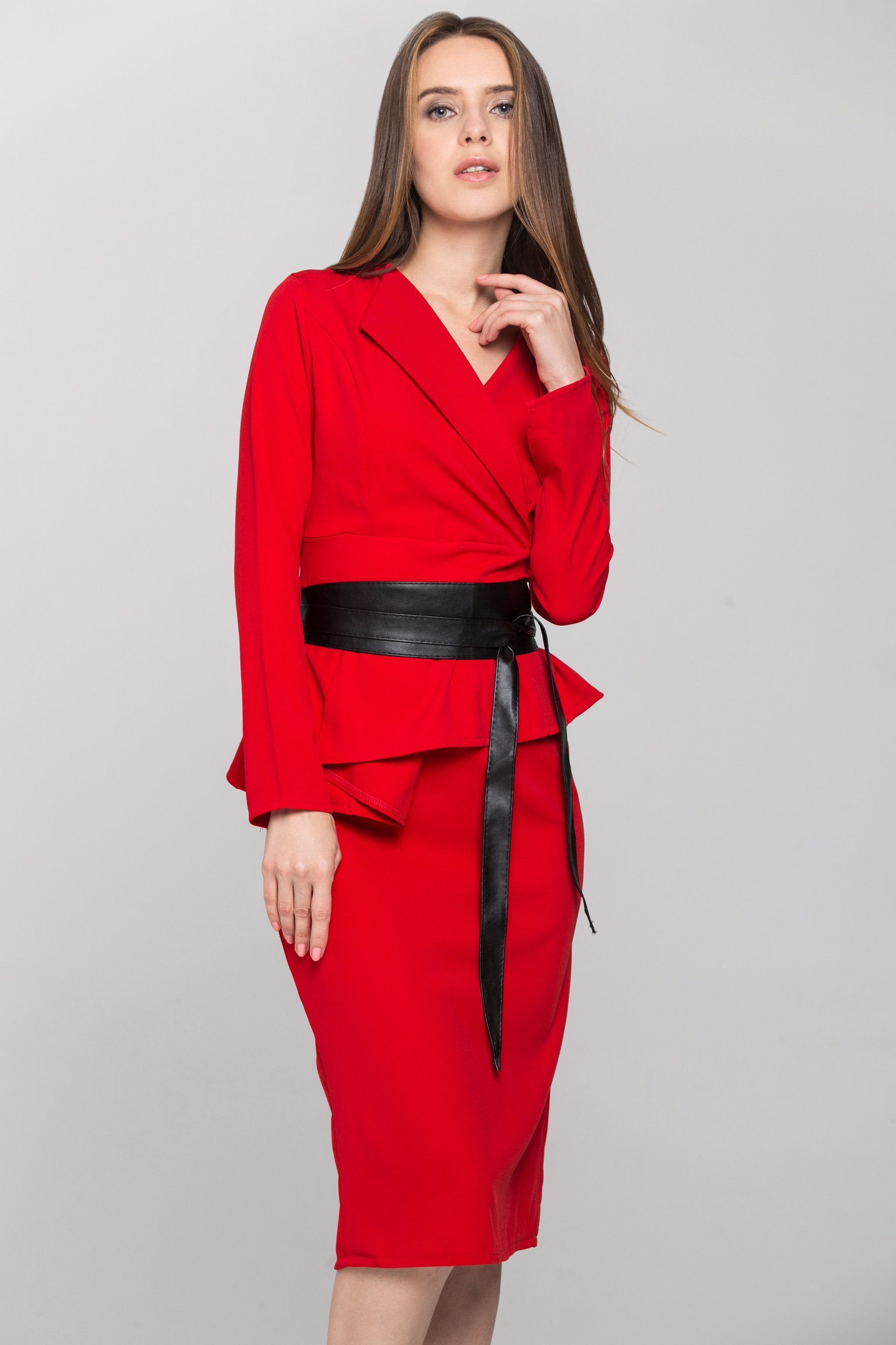 RedSleeved and Black Sash Waist Midi Dress