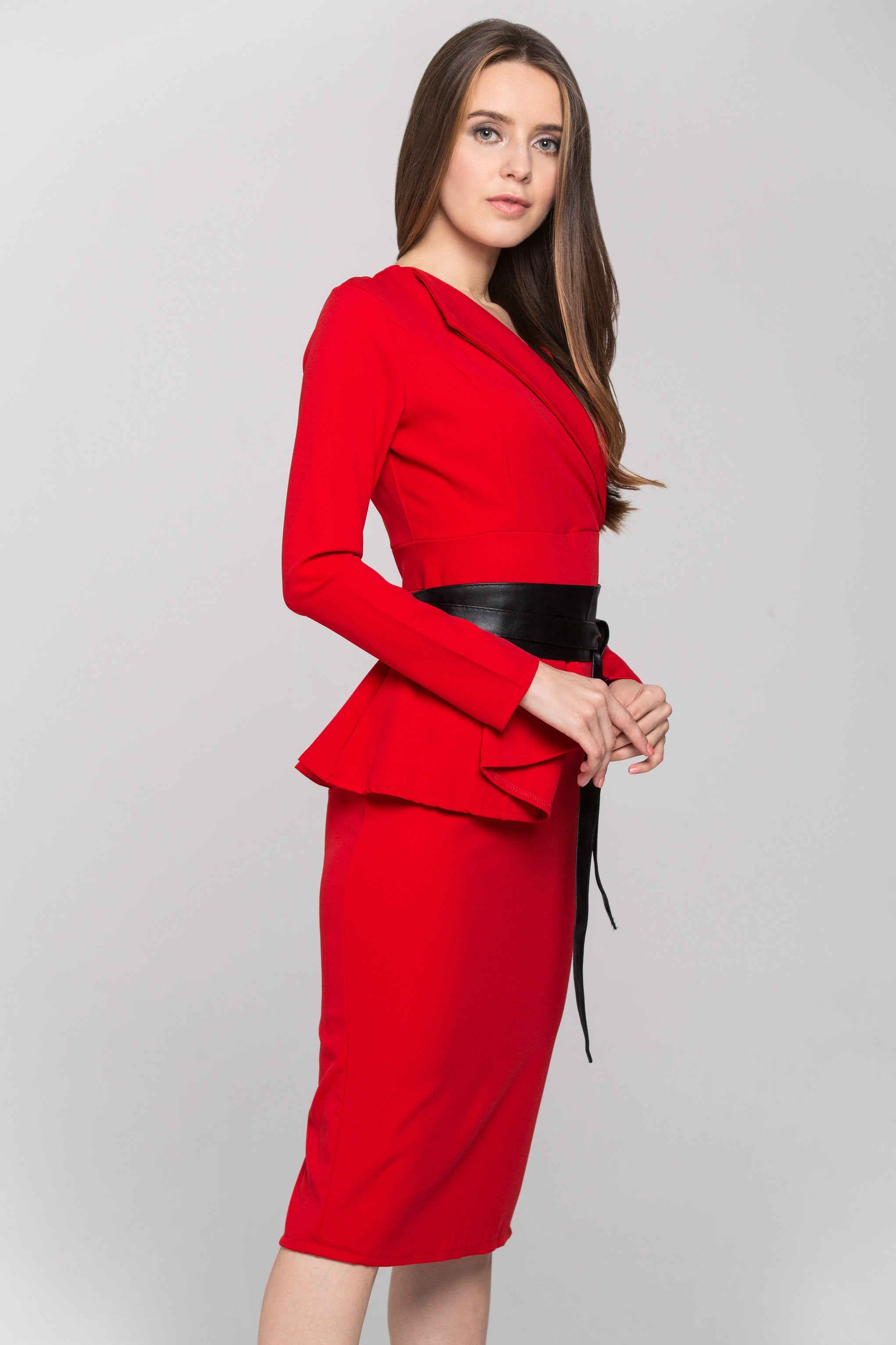 RedSleeved and Black Sash Waist Midi Dress