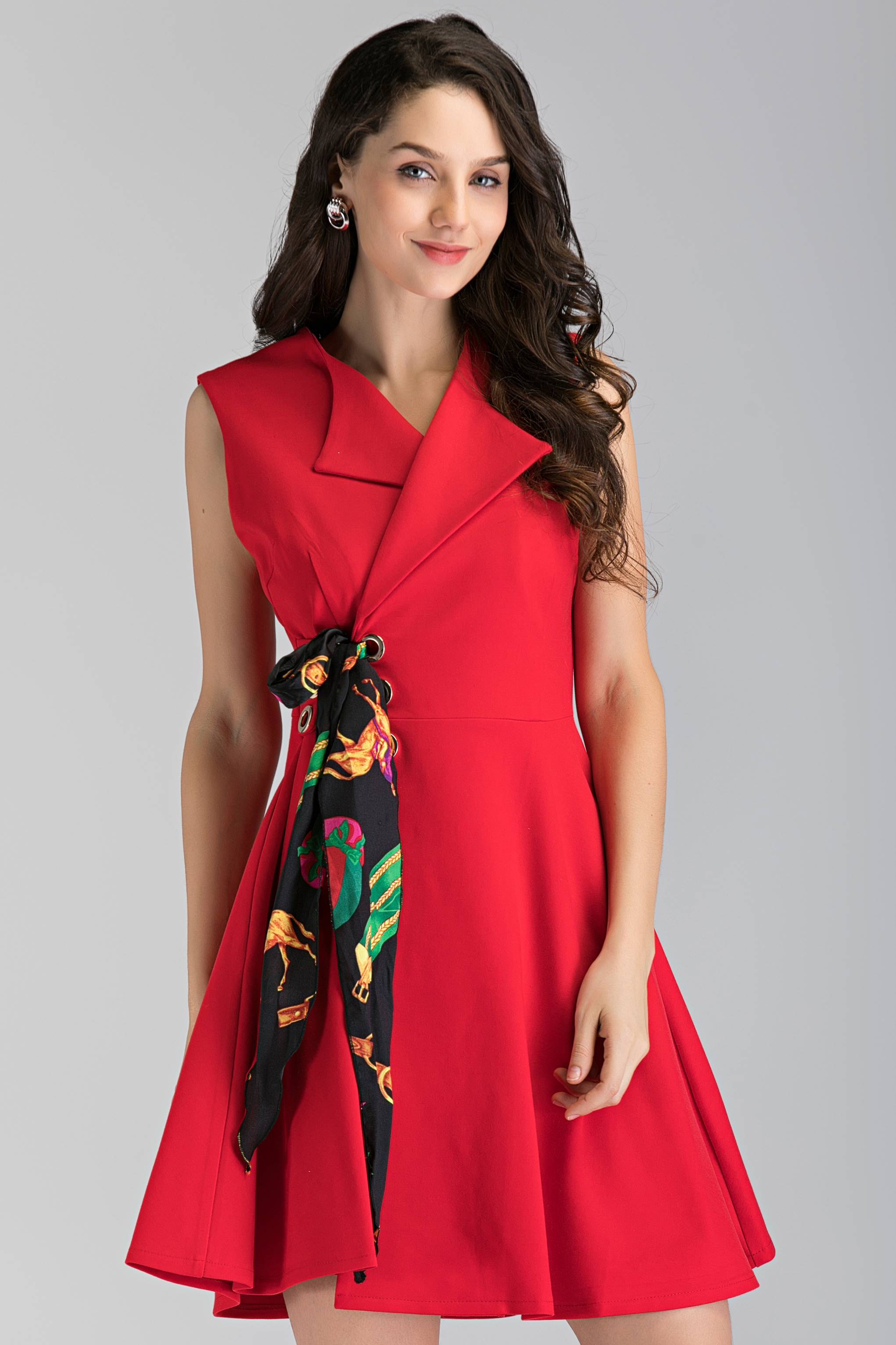 Red Sleeveless Side Scarf Lace Mini Dress
