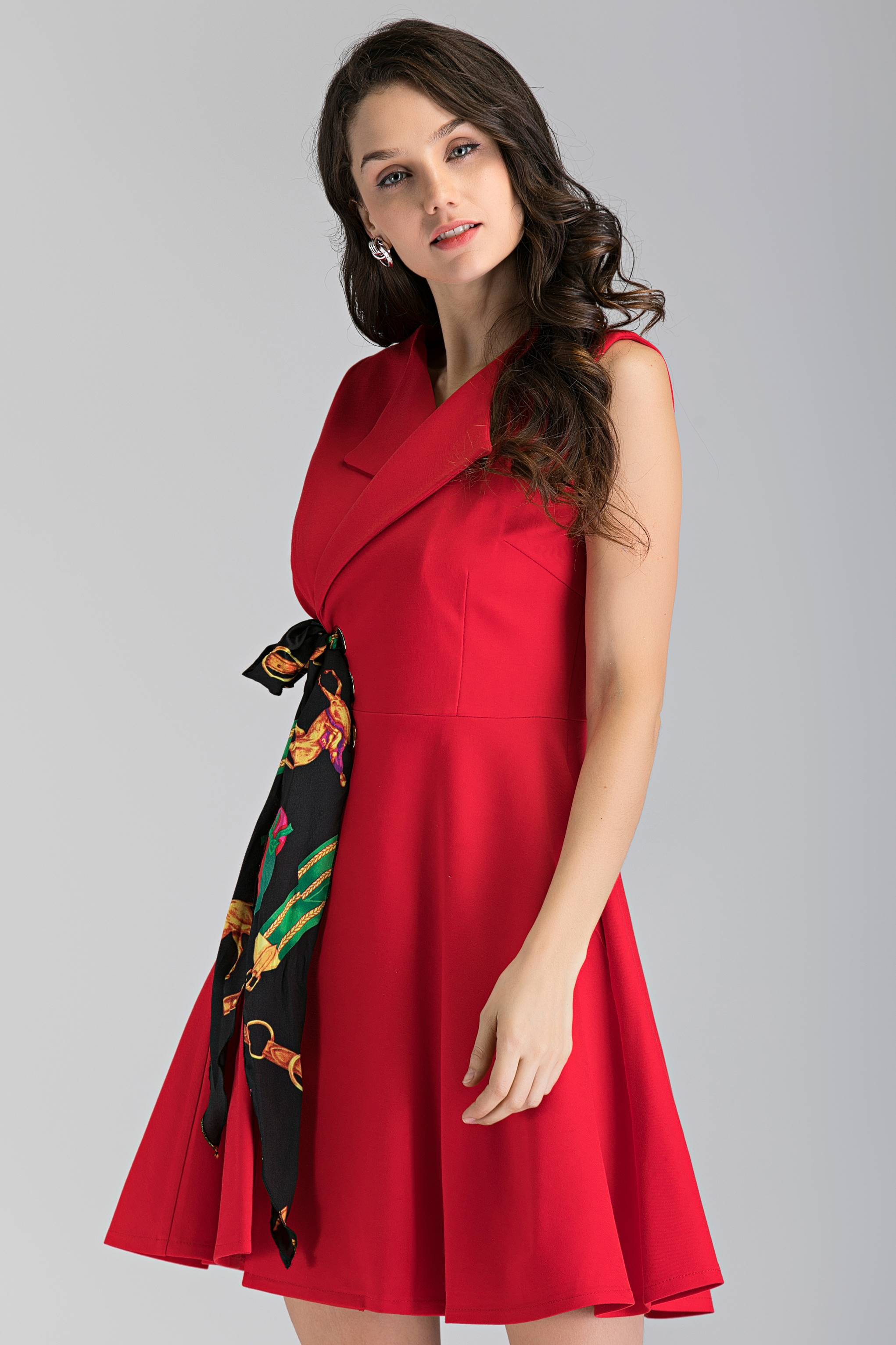 Red Sleeveless Side Scarf Lace Mini Dress