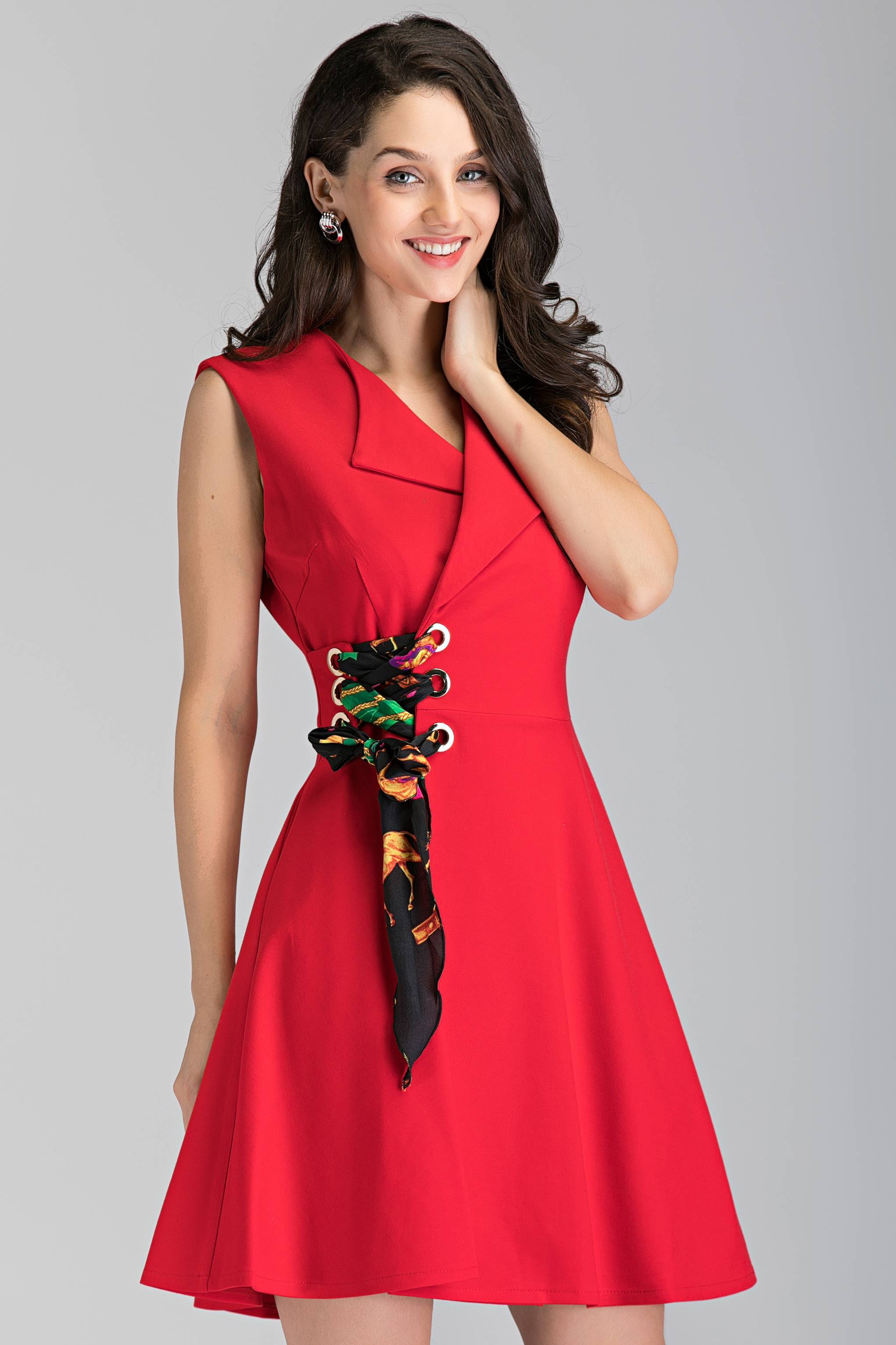 Red Sleeveless Side Scarf Lace Mini Dress