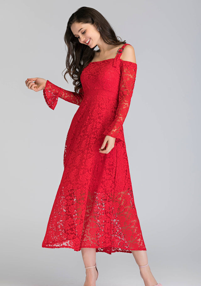 Red Soft Lace Belt Strap Cold Shoulder Maxi Dress