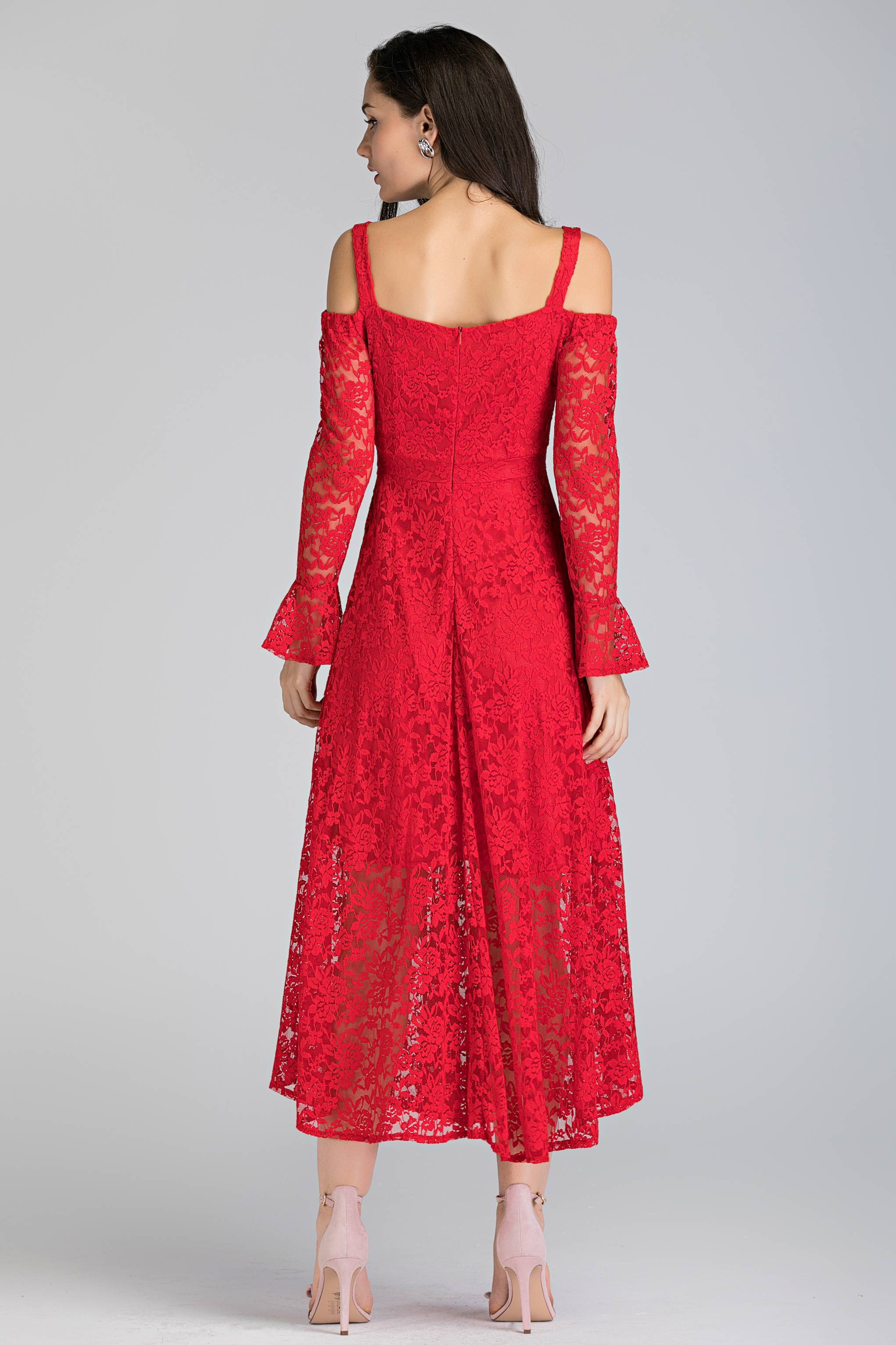 Red Soft Lace Belt Strap Cold Shoulder Maxi Dress