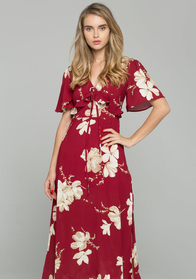 Red V-Neck Floral Print Drawstring Ruffled Midi Dress