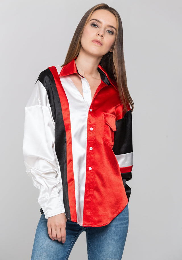 Red White and Black Asymmetric Button Up Top